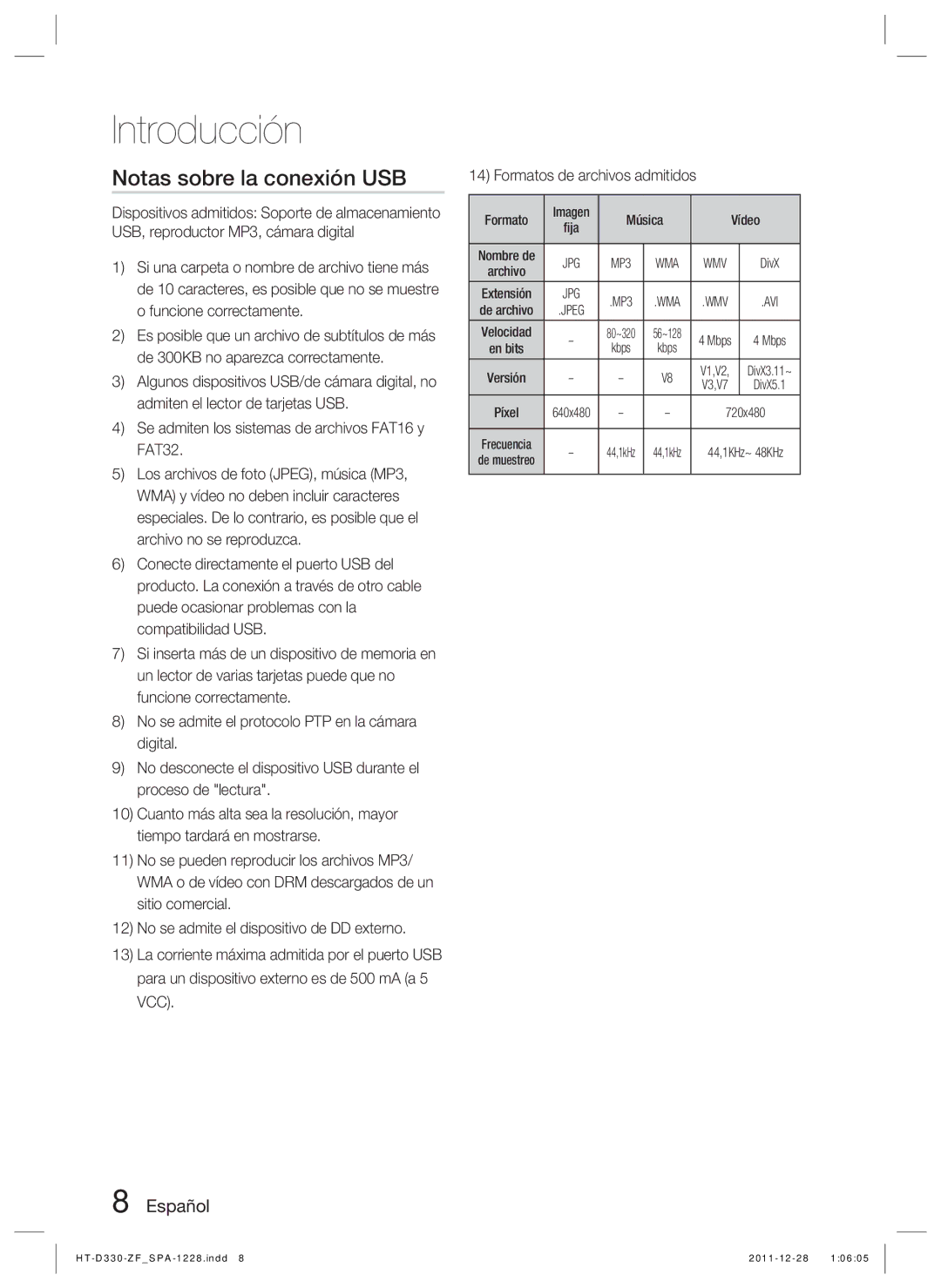 Samsung HT-D330/ZF manual Notas sobre la conexión USB, Se admiten los sistemas de archivos FAT16 y FAT32 