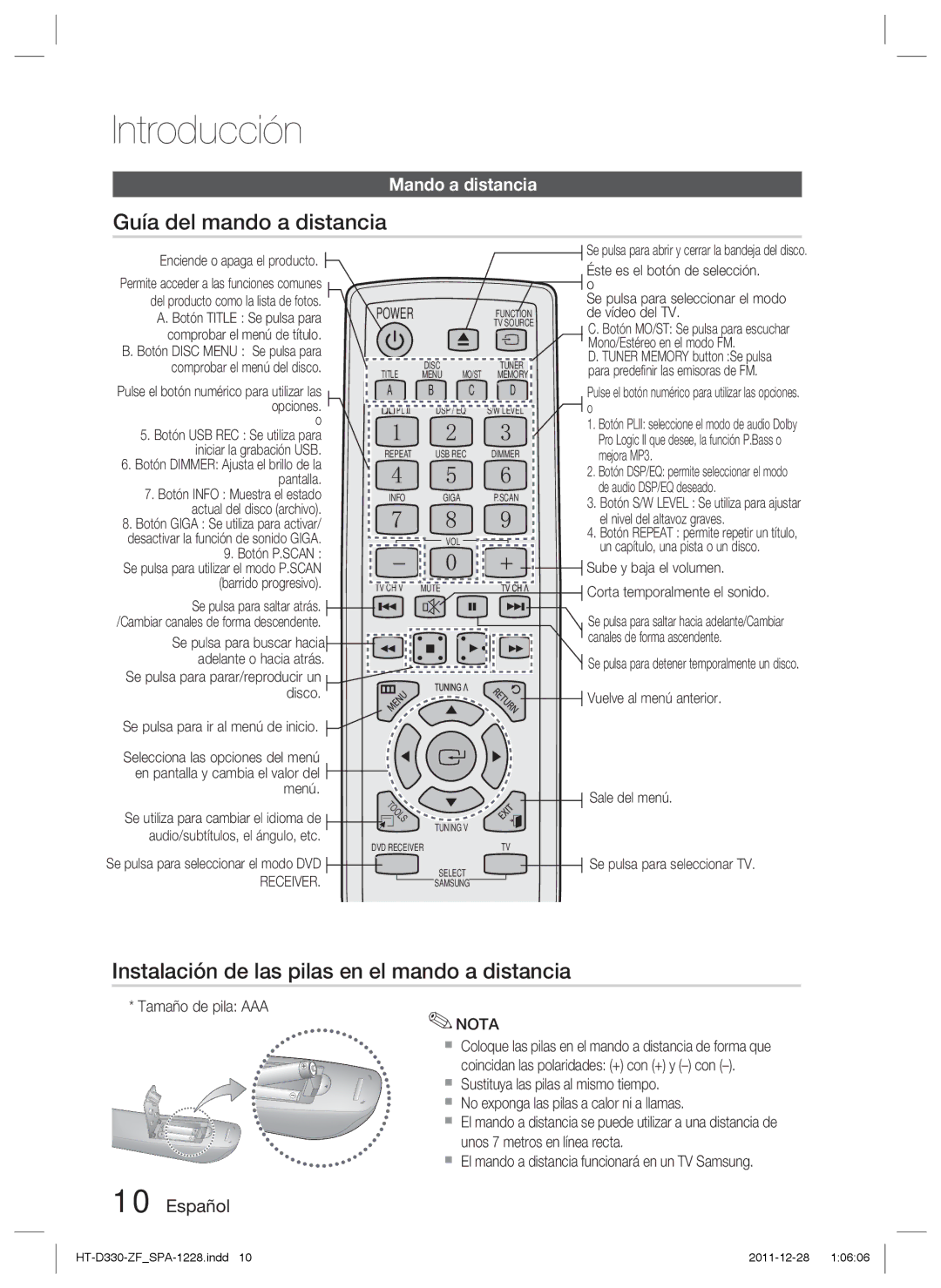 Samsung HT-D330/ZF manual Guía del mando a distancia, Instalación de las pilas en el mando a distancia, Mando a distancia 