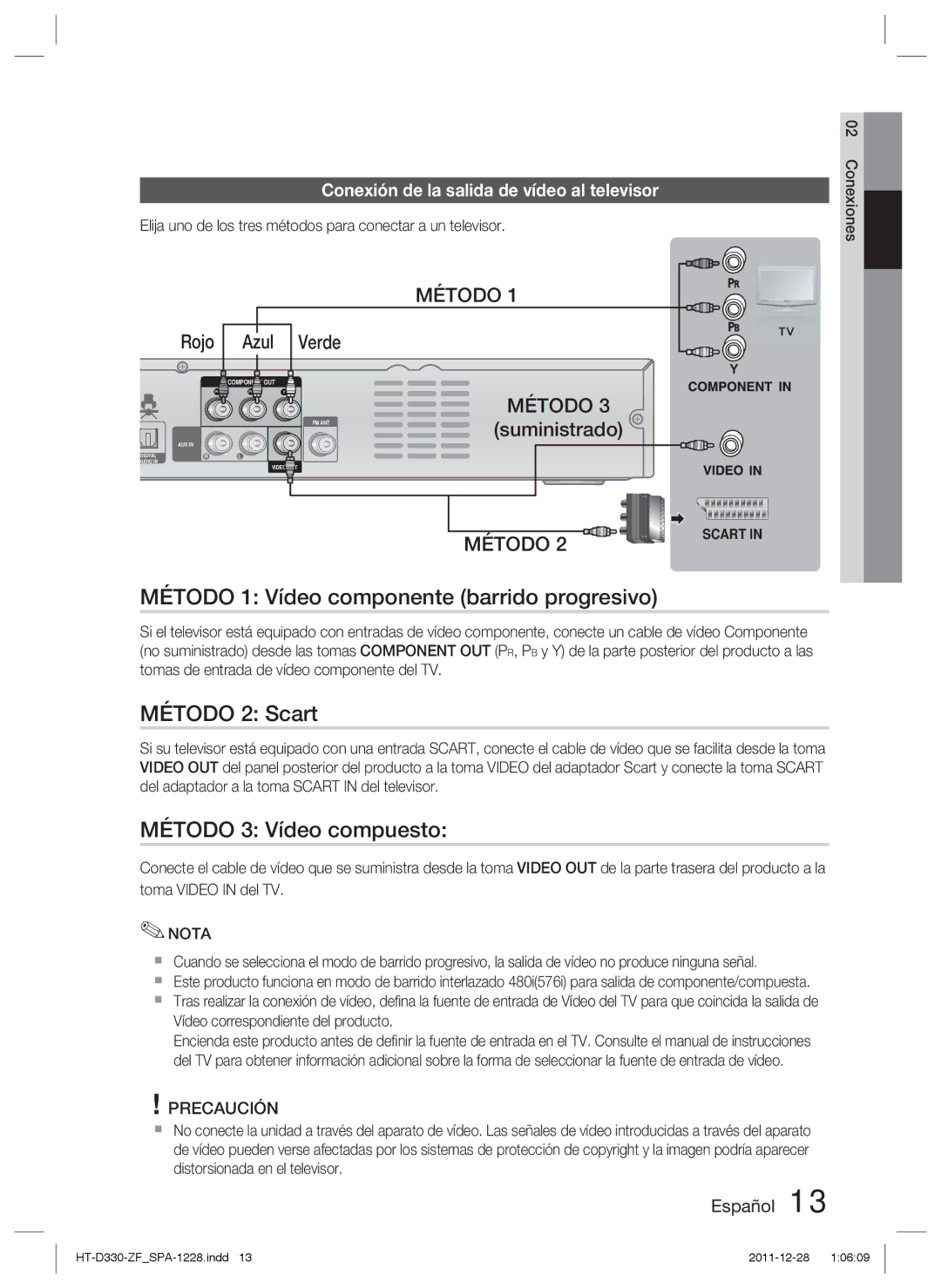 Samsung HT-D330/ZF manual Método 1 Vídeo componente barrido progresivo, Método 2 Scart, Método 3 Vídeo compuesto 