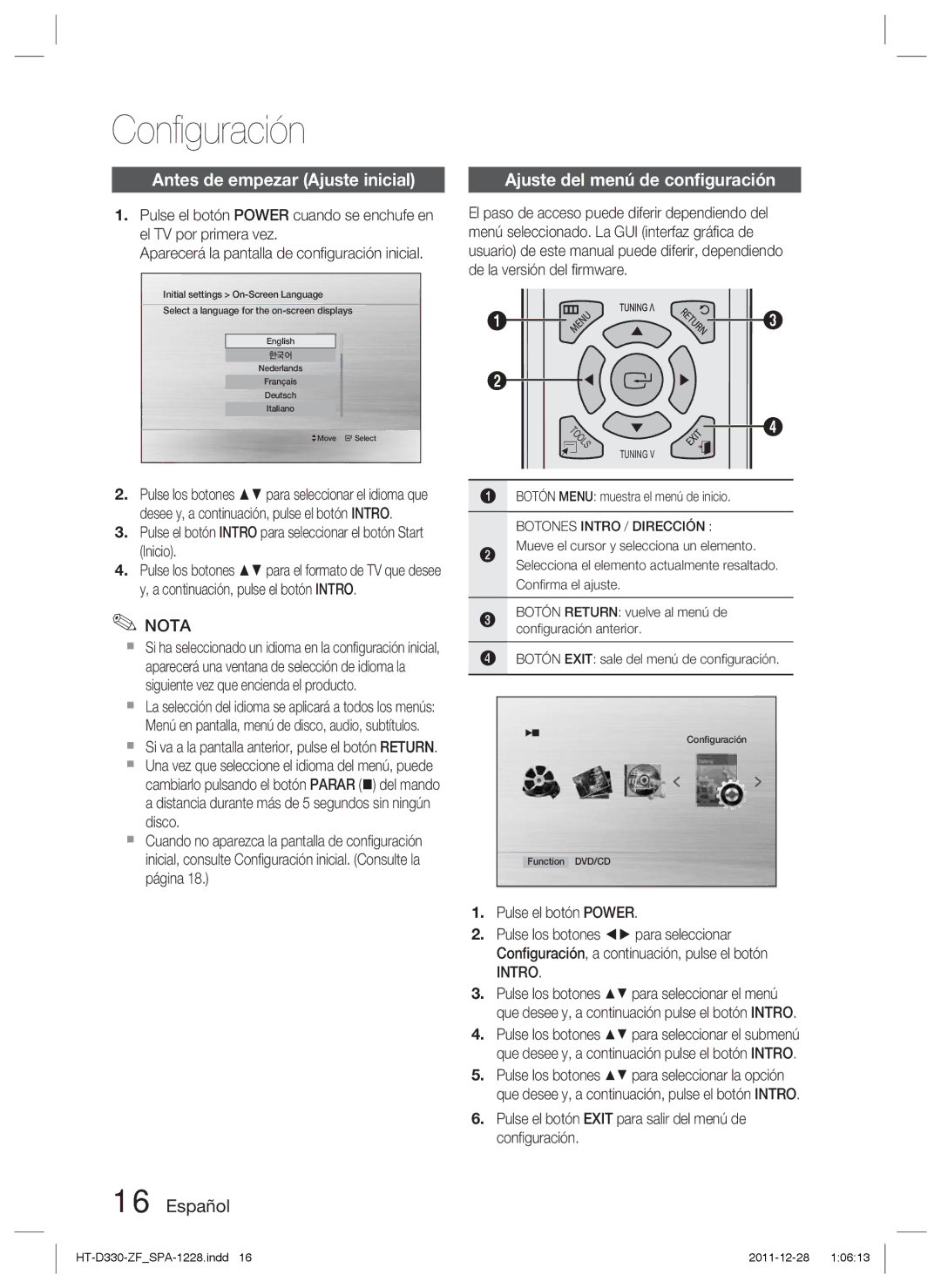 Samsung HT-D330/ZF manual Conﬁguración, Antes de empezar Ajuste inicial, Ajuste del menú de conﬁguración, Intro 