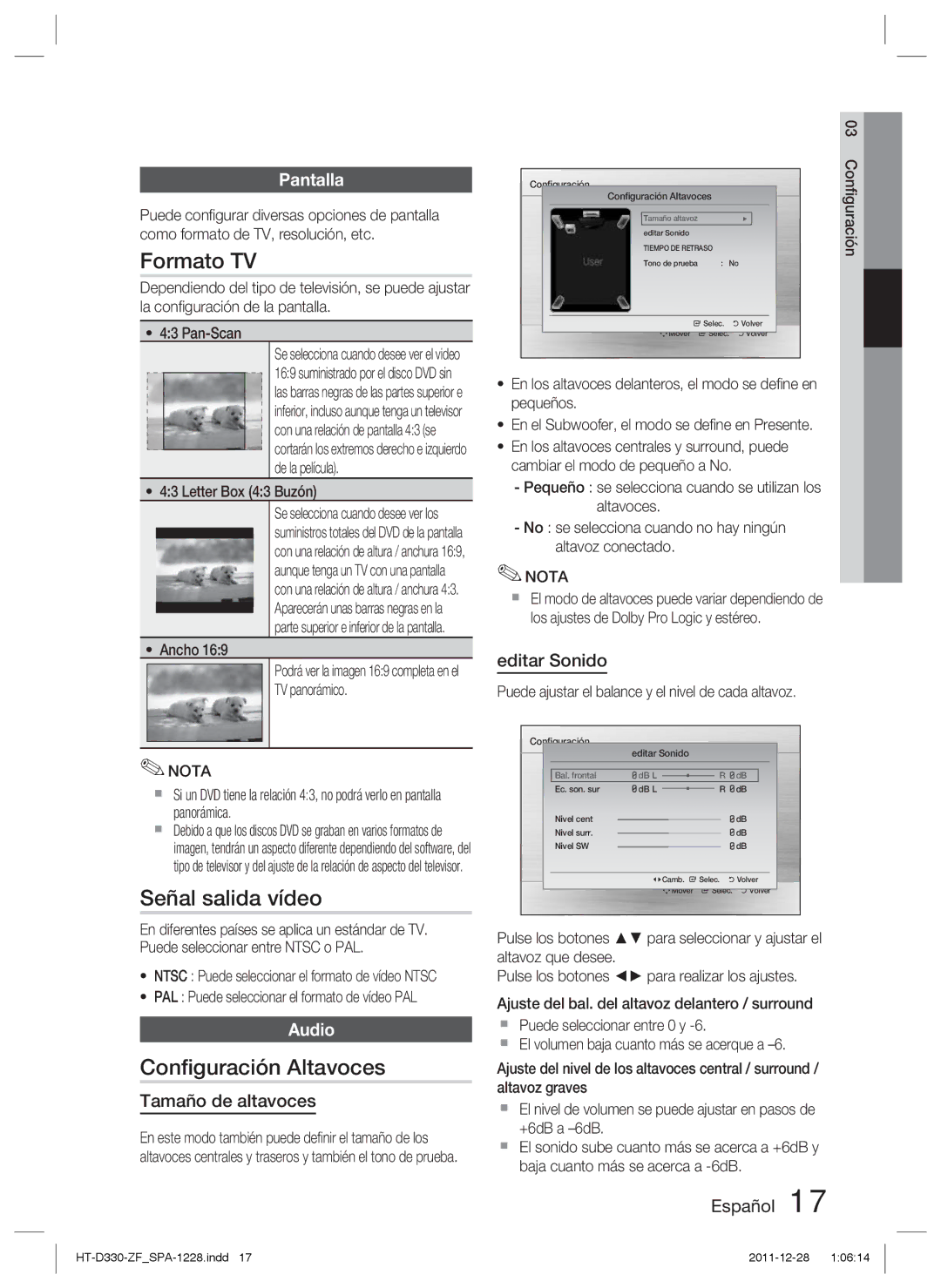 Samsung HT-D330/ZF manual Formato TV, Señal salida vídeo, Conﬁguración Altavoces, Pantalla 