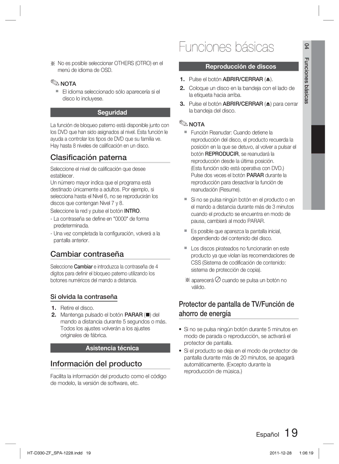 Samsung HT-D330/ZF manual Clasiﬁcación paterna, Cambiar contraseña, Información del producto 