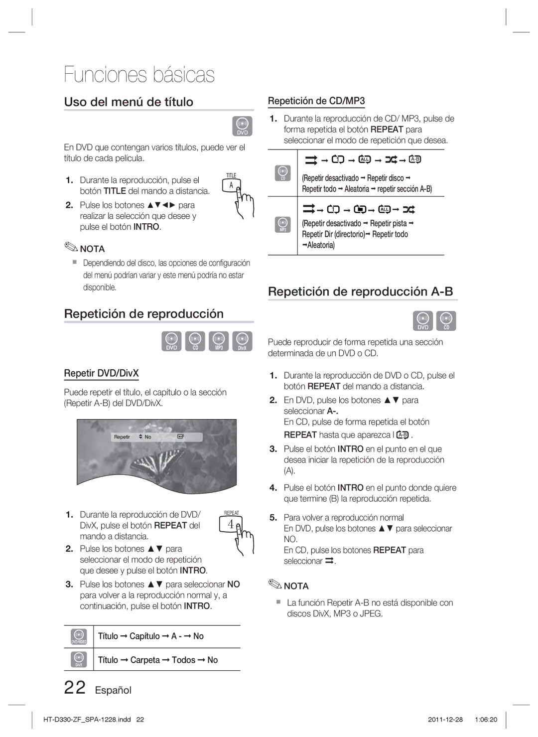 Samsung HT-D330/ZF manual Uso del menú de título, Repetición de reproducción A-B, Repetir DVD/DivX 