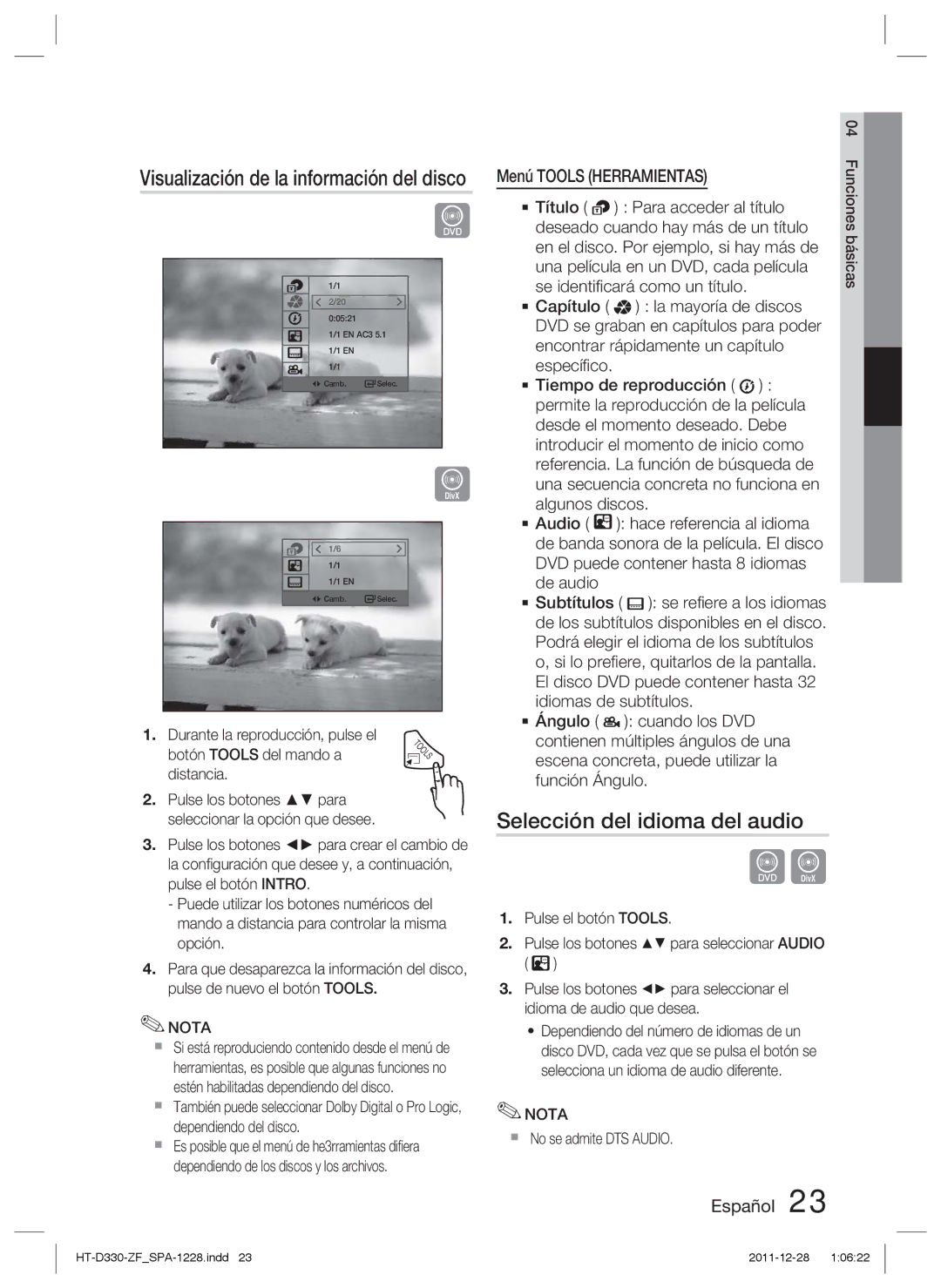 Samsung HT-D330/ZF Selección del idioma del audio, Visualización de la información del disco, Menú Tools Herramientas 