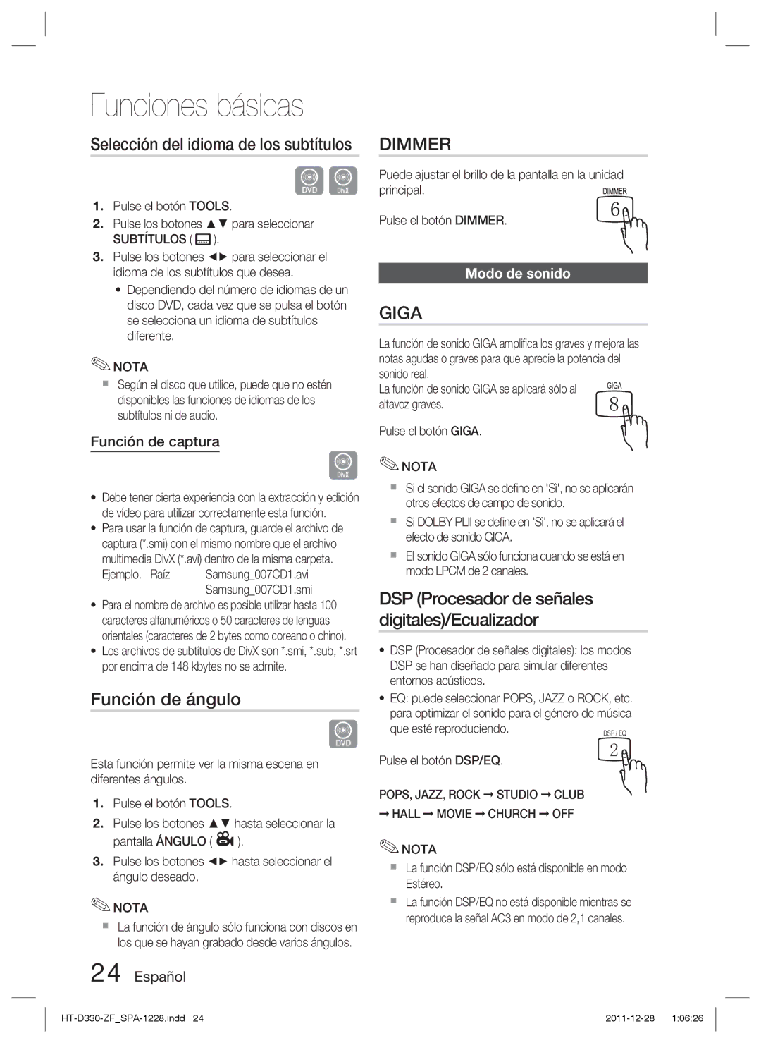 Samsung HT-D330/ZF manual Función de ángulo, Función de captura, Modo de sonido, Subtítulos 