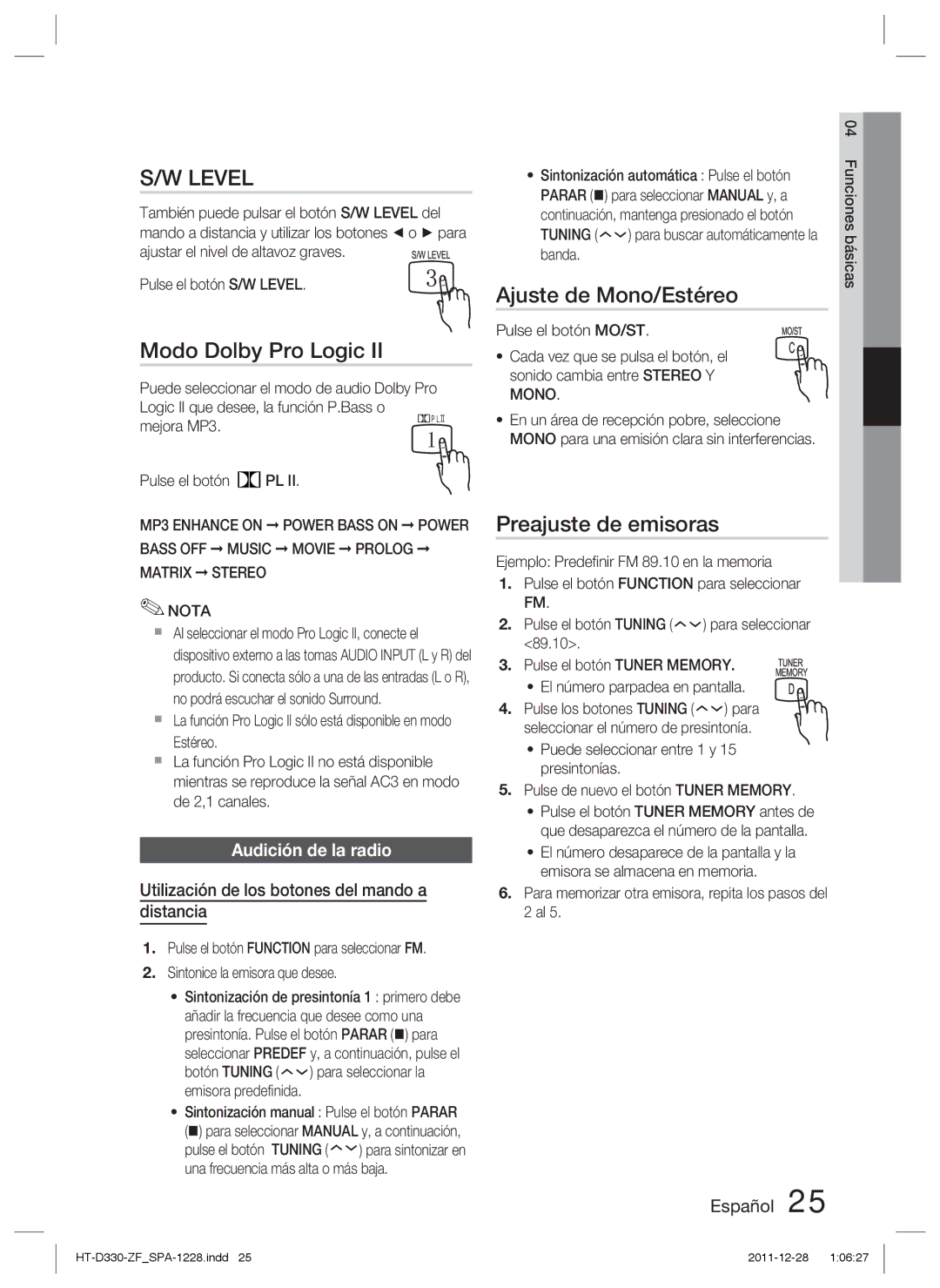 Samsung HT-D330/ZF manual Ajuste de Mono/Estéreo, Preajuste de emisoras, Audición de la radio 