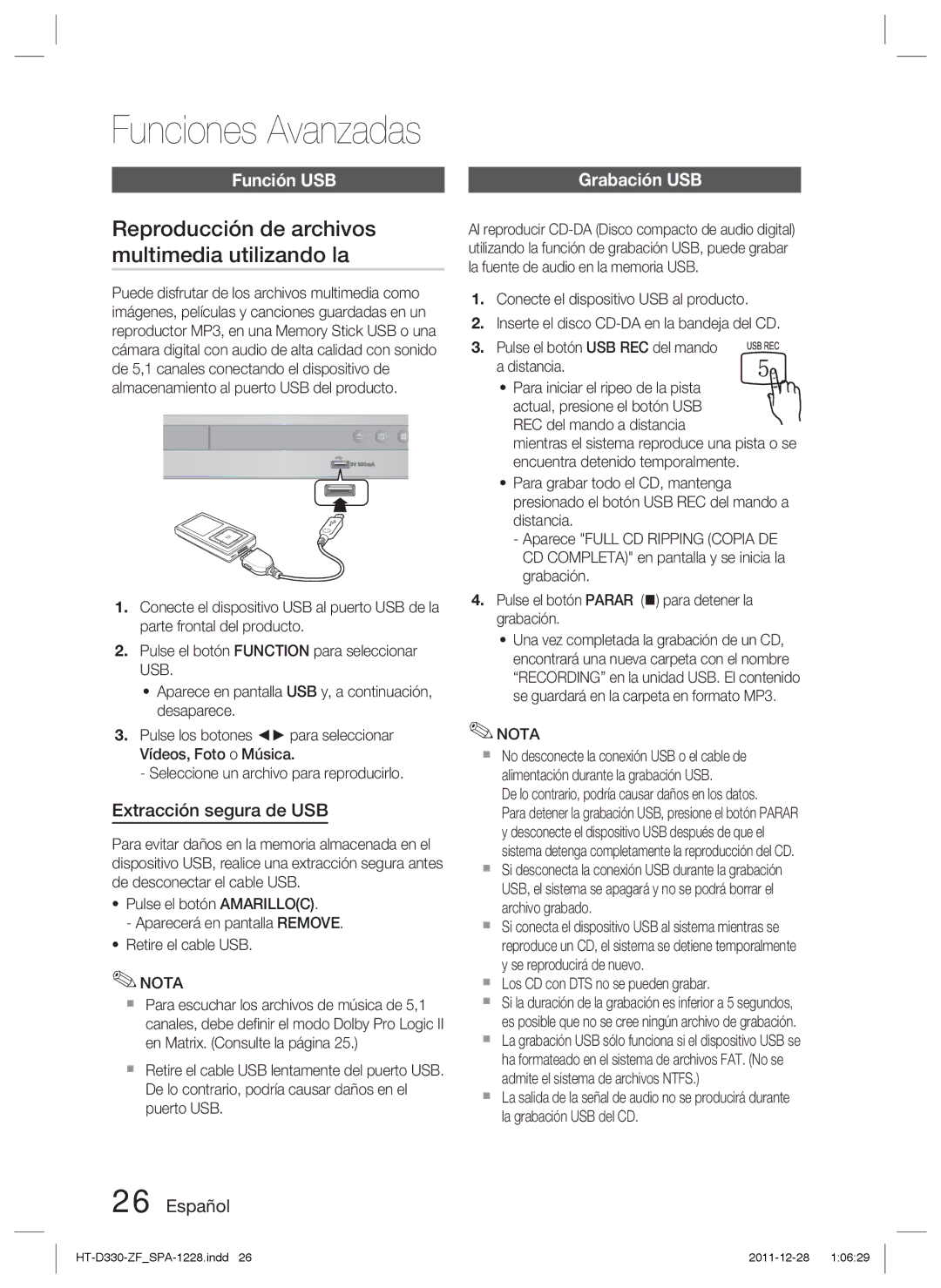 Samsung HT-D330/ZF manual Funciones Avanzadas, Reproducción de archivos multimedia utilizando la, Función USB 