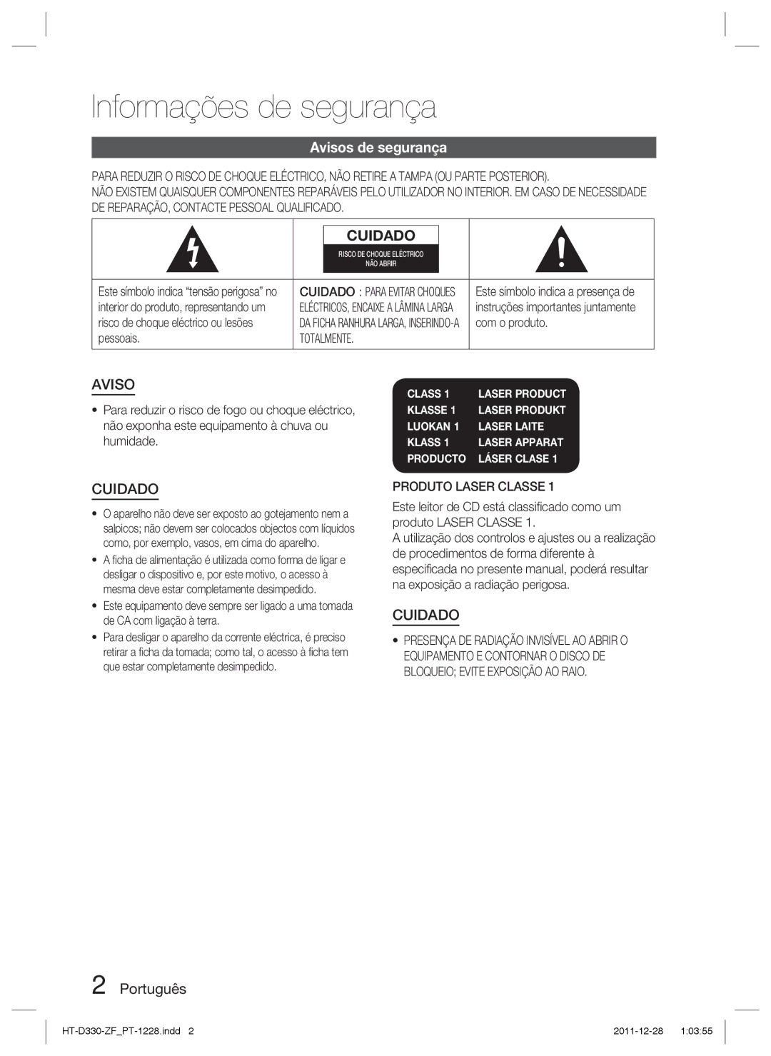 Samsung HT-D330/ZF manual Informações de segurança, Avisos de segurança, Português, Totalmente, Produto Laser Classe 