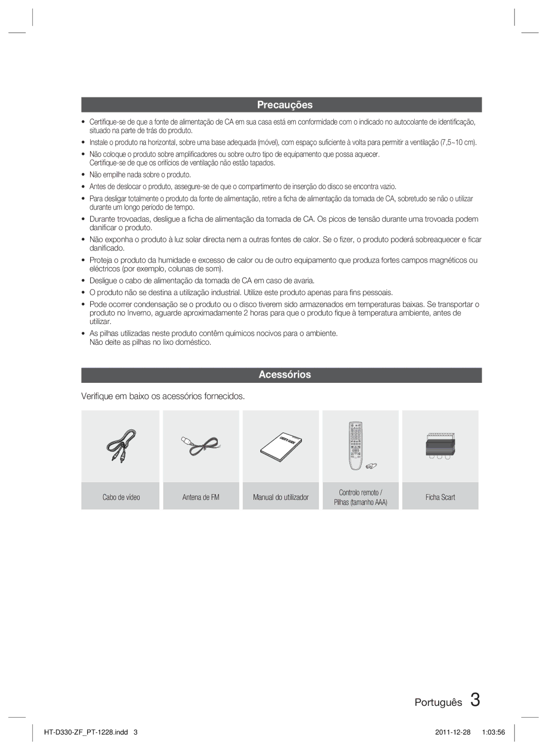 Samsung HT-D330/ZF manual Precauções, Acessórios, Veriﬁque em baixo os acessórios fornecidos 