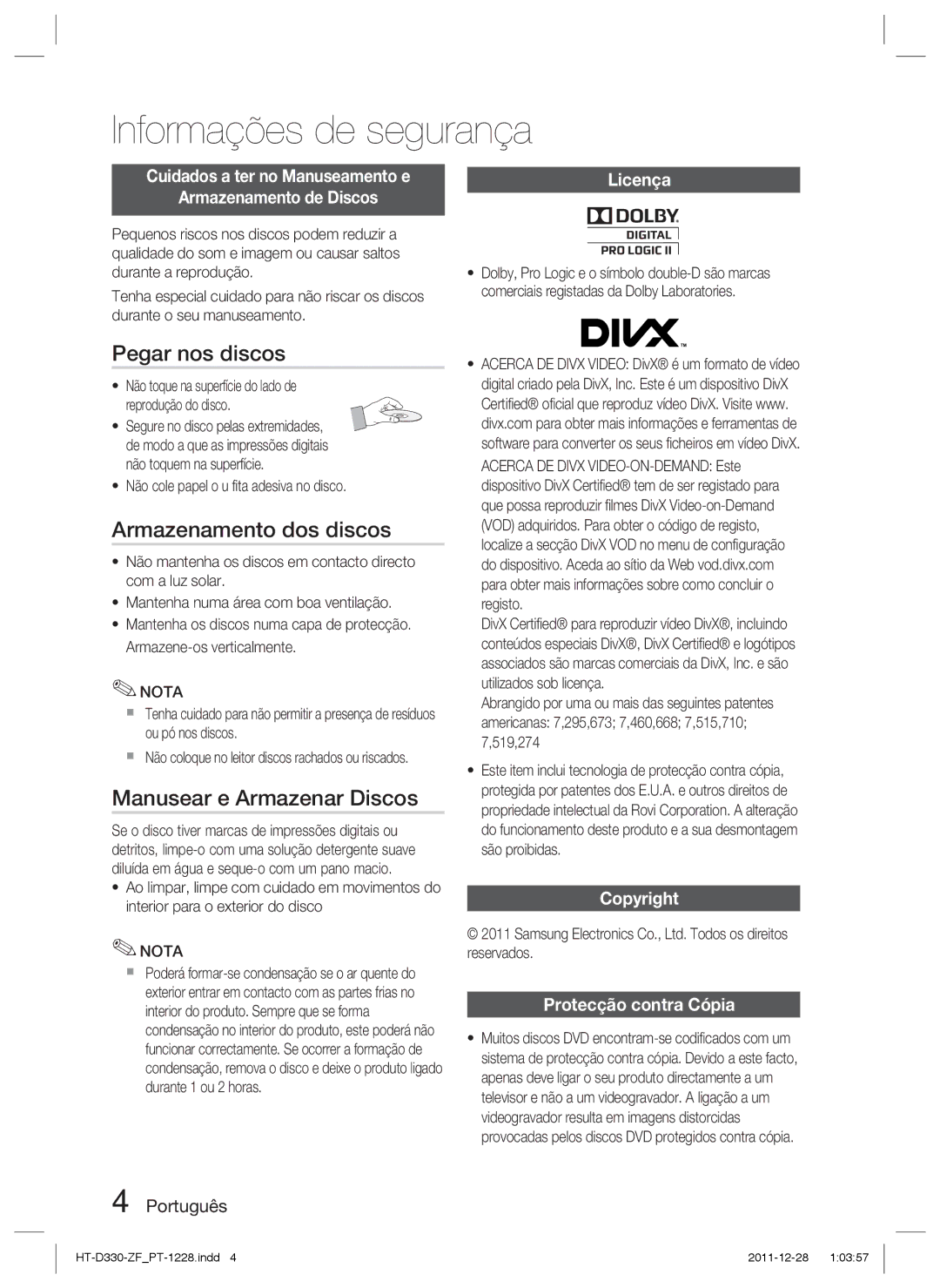 Samsung HT-D330/ZF manual Pegar nos discos, Armazenamento dos discos, Manusear e Armazenar Discos 