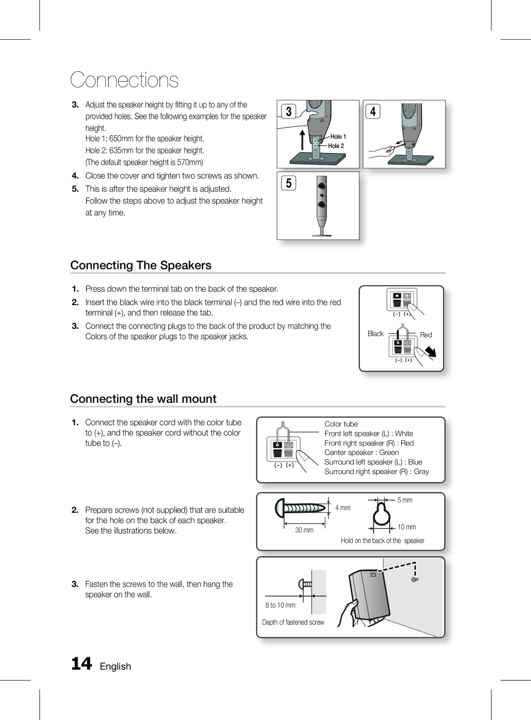 Samsung HT-D350 manual Connecting The Speakers, Connecting the wall mount, Height Hole 1 650mm for the speaker height 