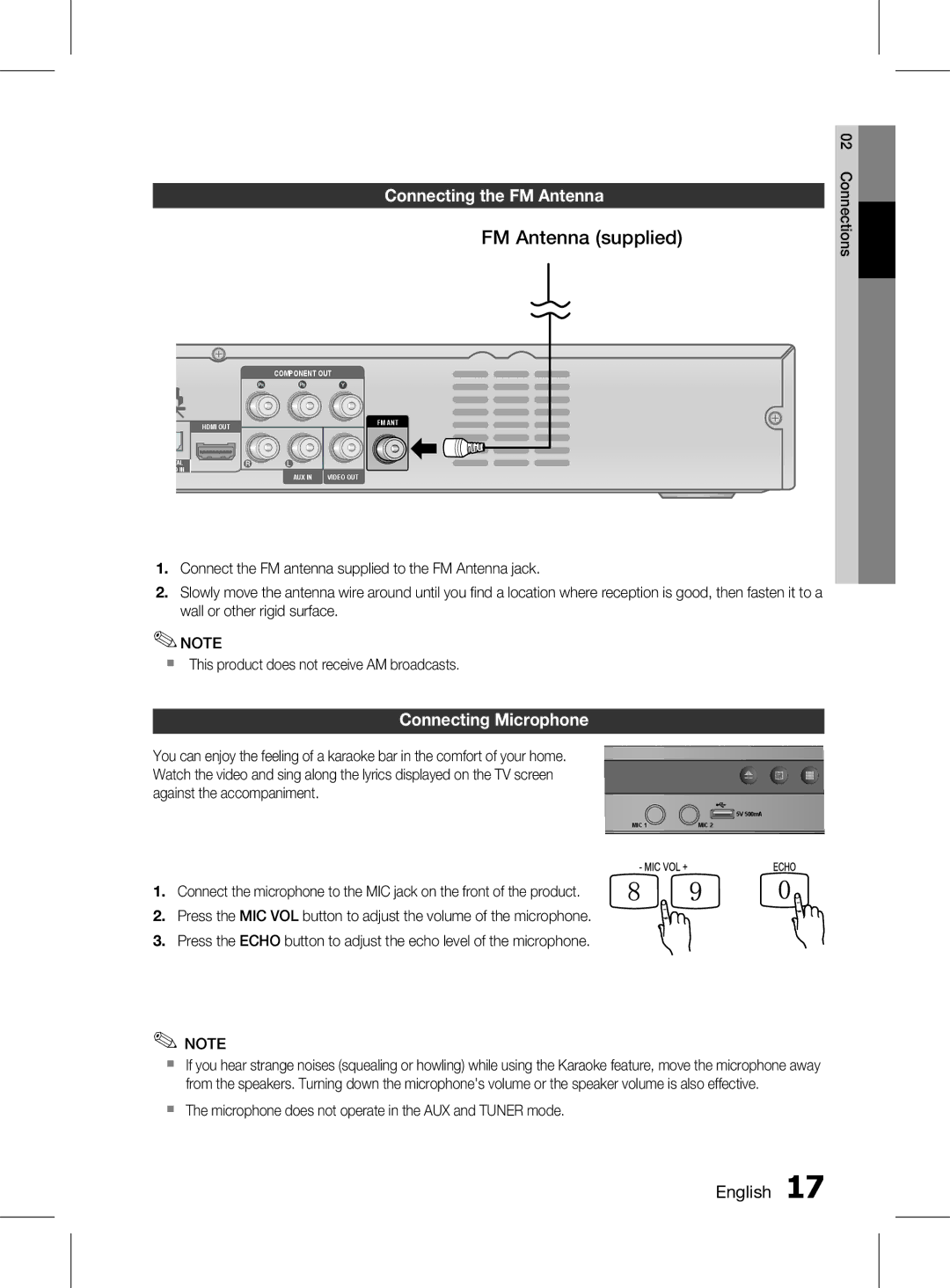 Samsung HT-D350K/XV manual Connecting the fm Antenna, Connecting microphone 