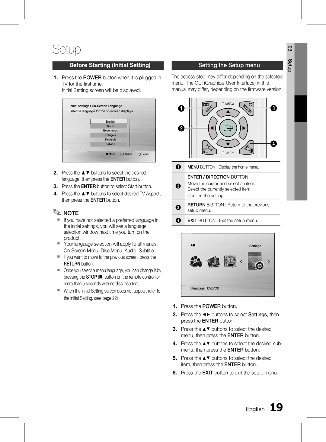 Samsung HT-D350K/XV manual Setup, Before Starting Initial Setting, Press the Exit button to exit the setup menu 