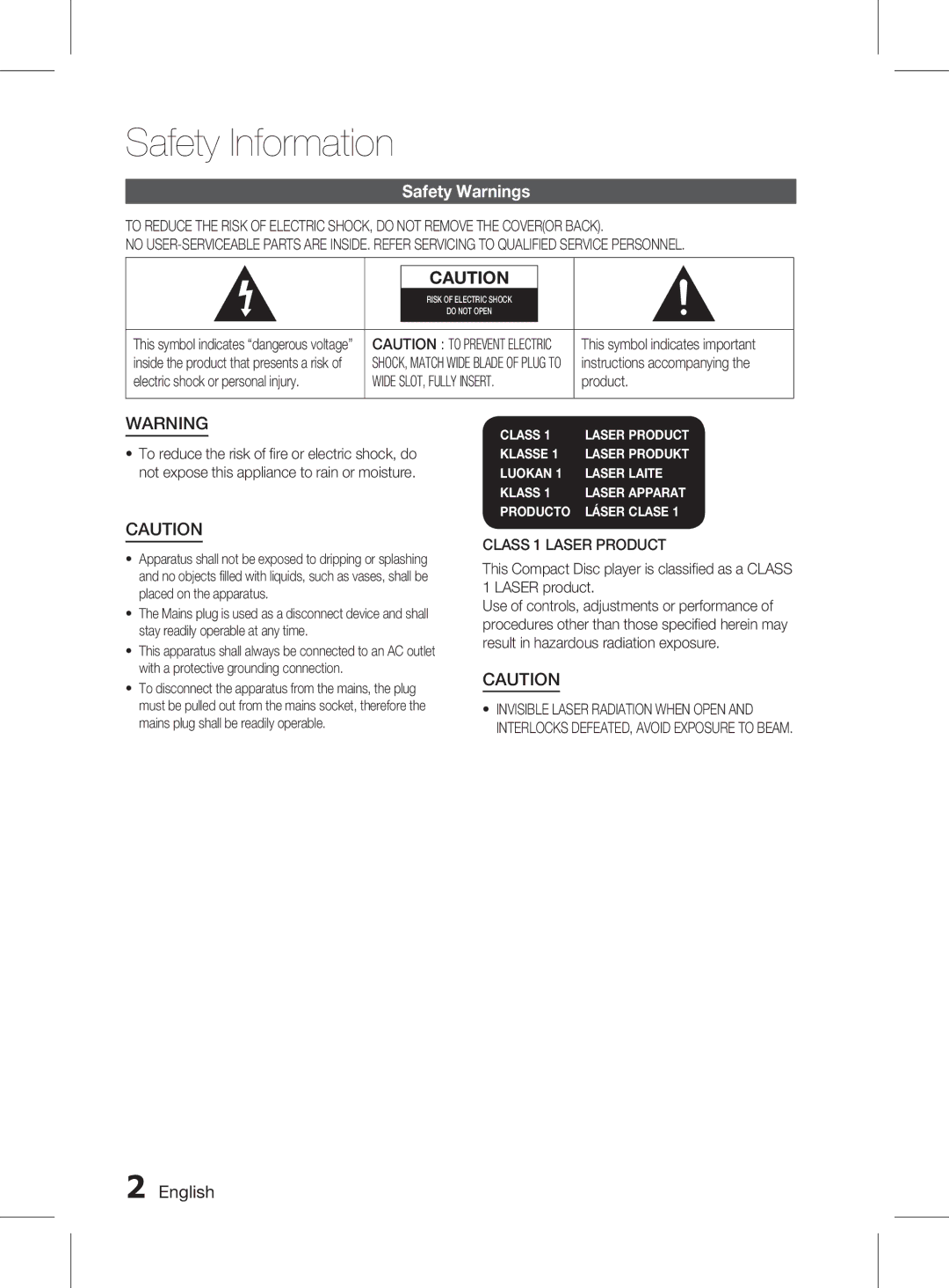 Samsung HT-D350 manual Safety Information, Safety Warnings,  English, Wide SLOT, Fully Insert, Class 1 Laser Product 