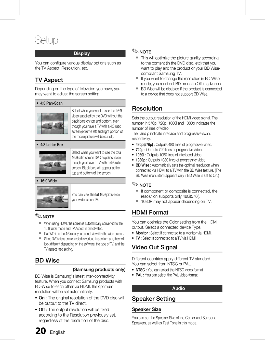 Samsung HT-D350K/XV manual TV Aspect, BD Wise, Resolution, Hdmi Format, Video Out Signal, Speaker Setting 