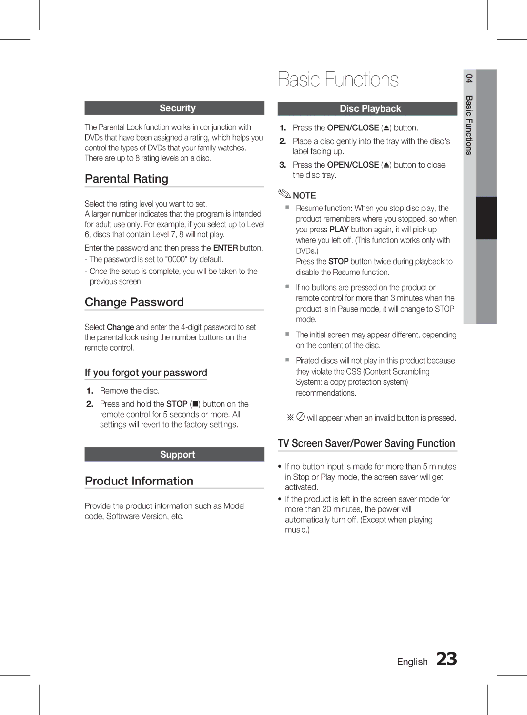 Samsung HT-D350K/XV manual Basic Functions, Parental Rating, Change Password, Product Information 