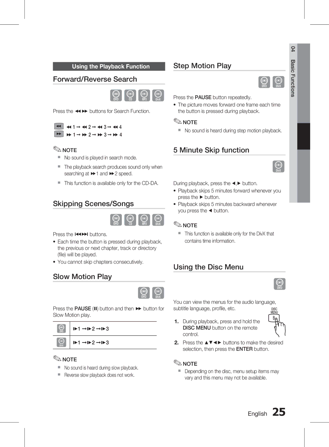 Samsung HT-D350K/XV Forward/Reverse Search, Skipping Scenes/Songs, Slow Motion Play, Step Motion Play, Using the Disc Menu 