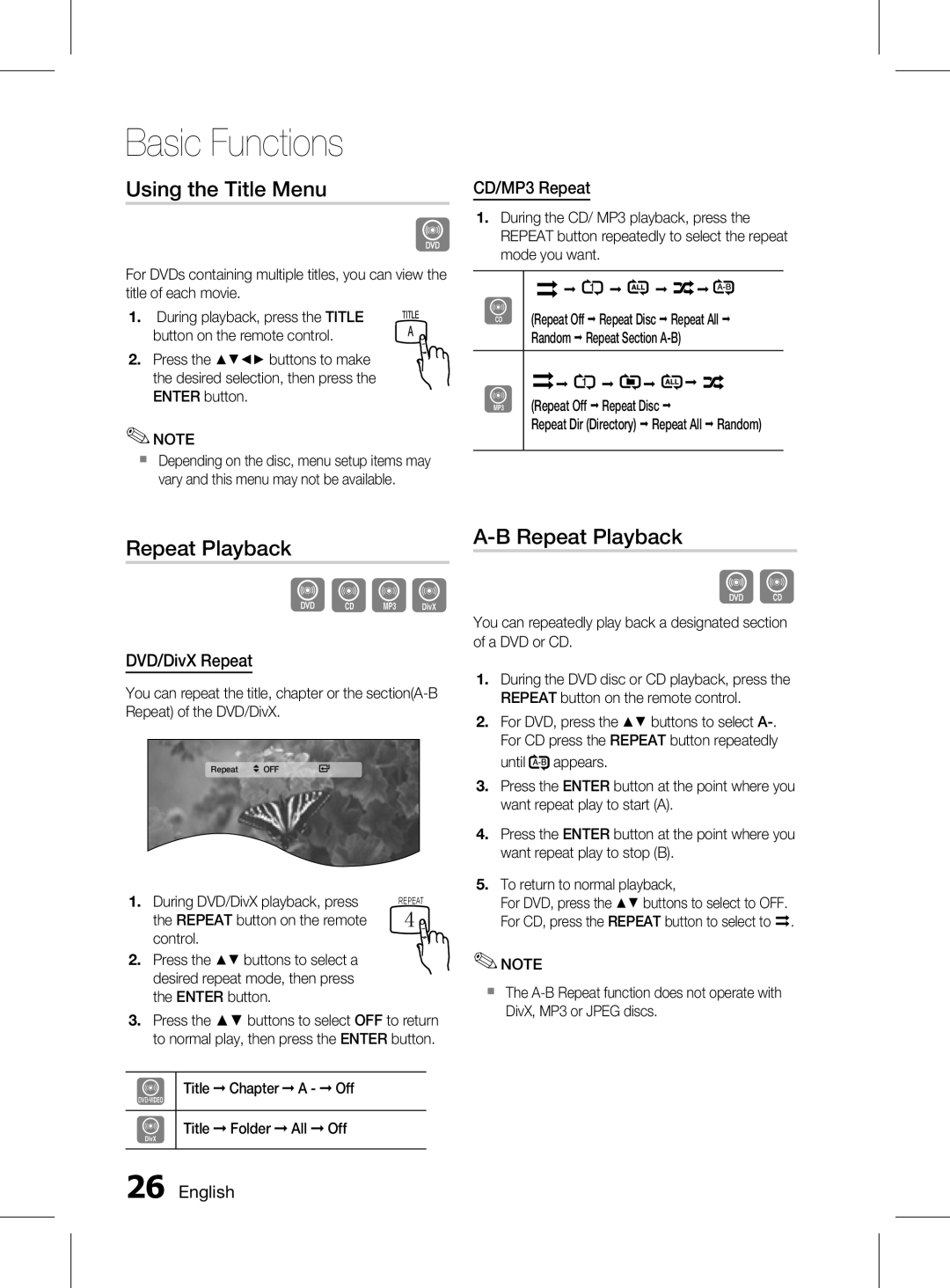 Samsung HT-D350K/XV manual Using the Title Menu, Repeat Playback, CD/MP3 Repeat, DVD/DivX Repeat,  English 