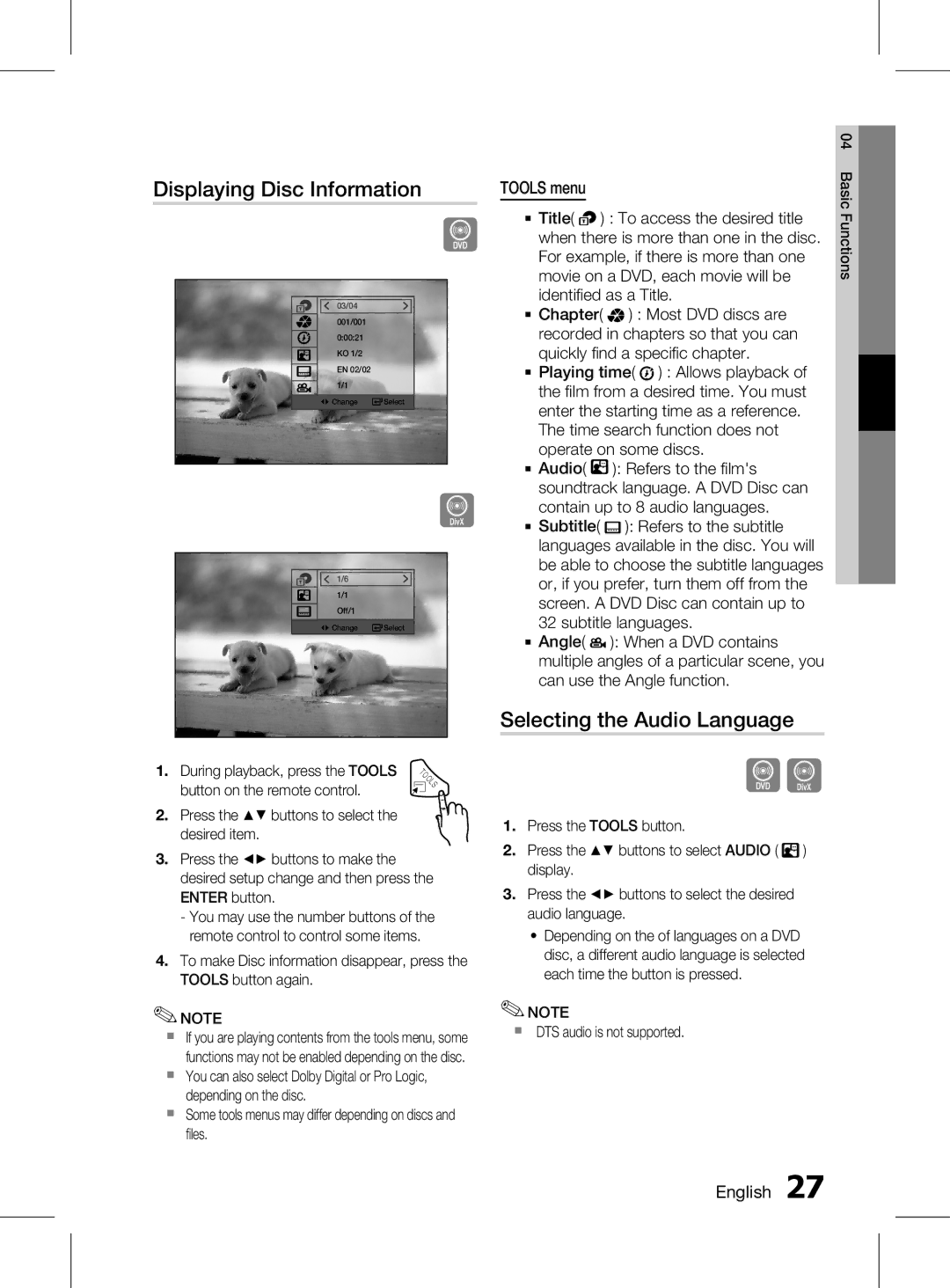 Samsung HT-D350K/XV manual Displaying Disc Information, Selecting the Audio Language, Tools menu, English  