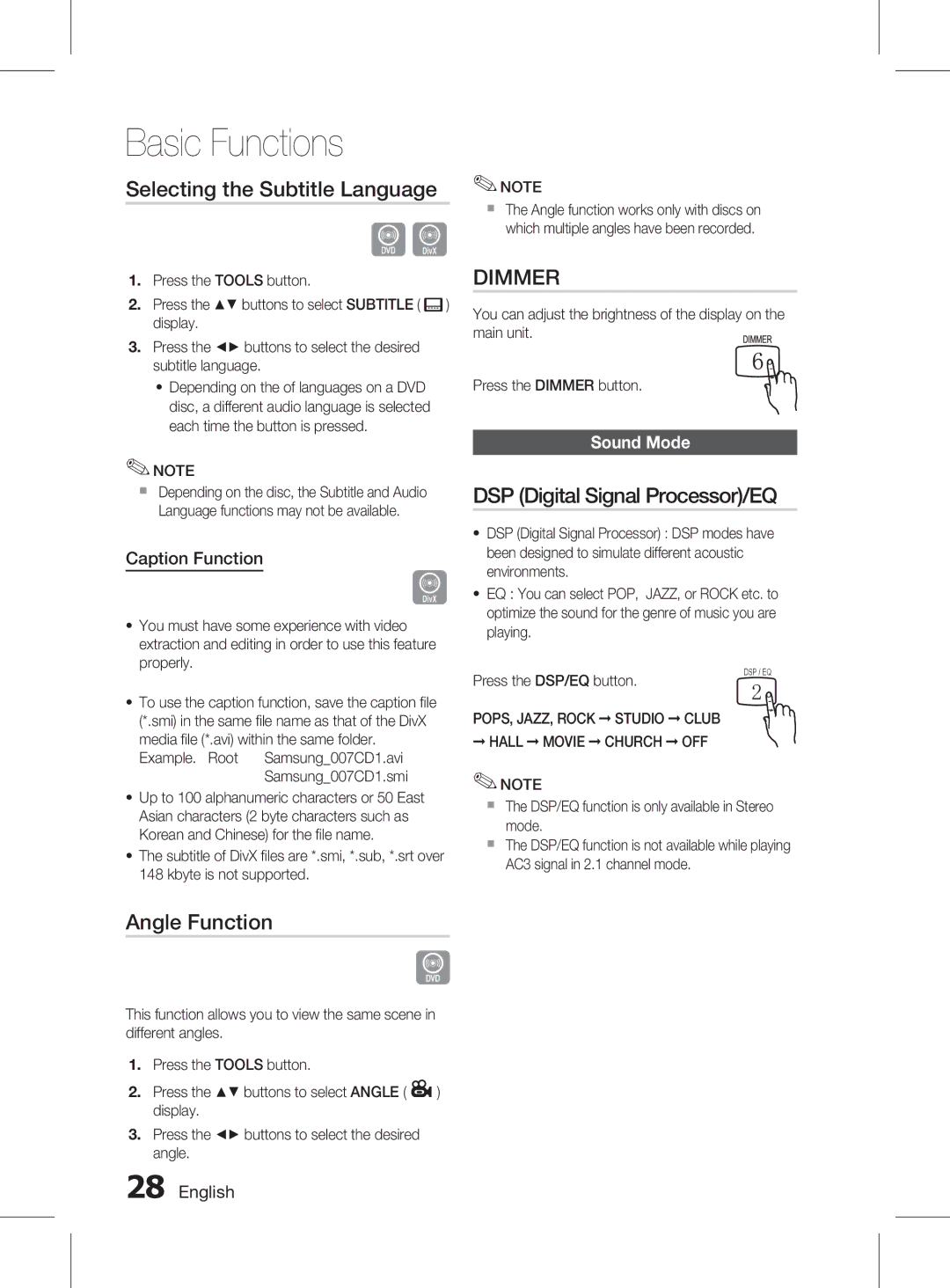 Samsung HT-D350 manual Selecting the Subtitle Language, Angle Function, DSP Digital Signal Processor/EQ, Caption Function 