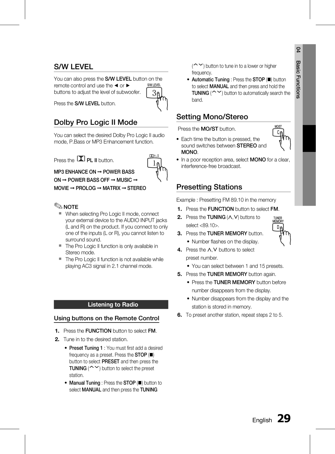 Samsung HT-D350K/XV manual Dolby Pro Logic II Mode, Setting Mono/Stereo, Presetting Stations, Listening to Radio 