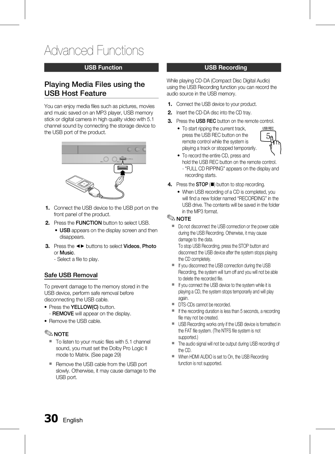 Samsung HT-D350 Playing Media Files using the USB Host Feature, USB function, Safe USB Removal, USB Recording, 0 English 