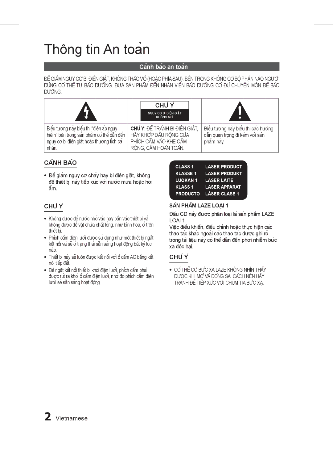 Samsung HT-D350 manual Thông tin An toàn, Cảnh báo an toàn,  Vietnamese, Tránh Để Tiếp Xúc Với Chùm Tia Bức Xạ 