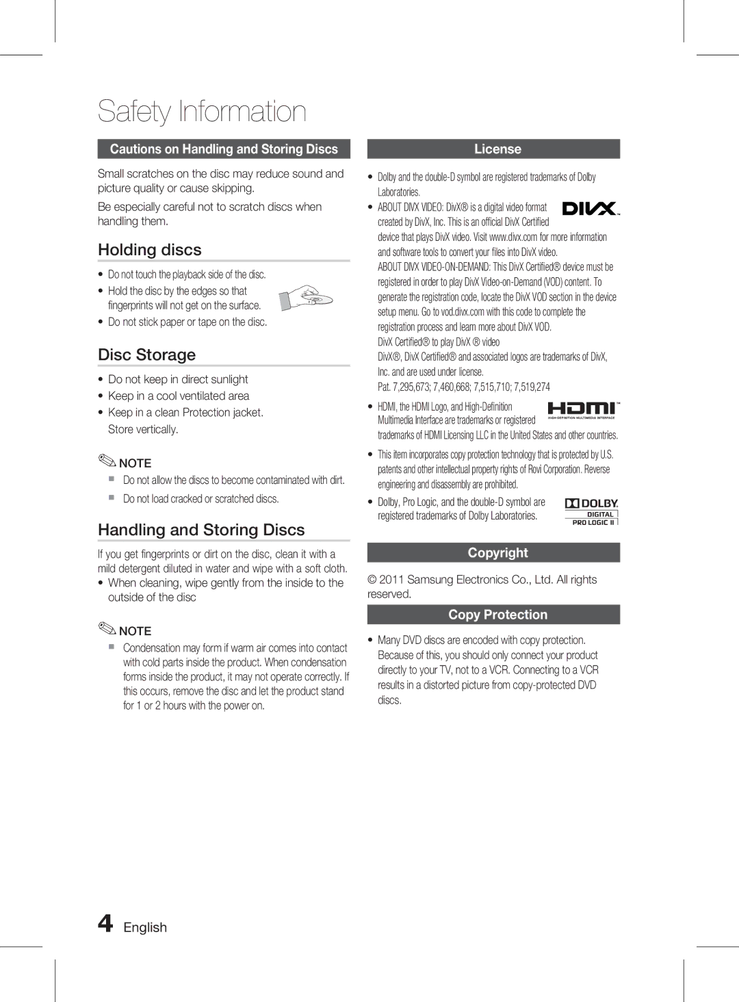 Samsung HT-D350K/XV manual Holding discs, Disc Storage, Handling and Storing Discs, License, Copyright Copy Protection 