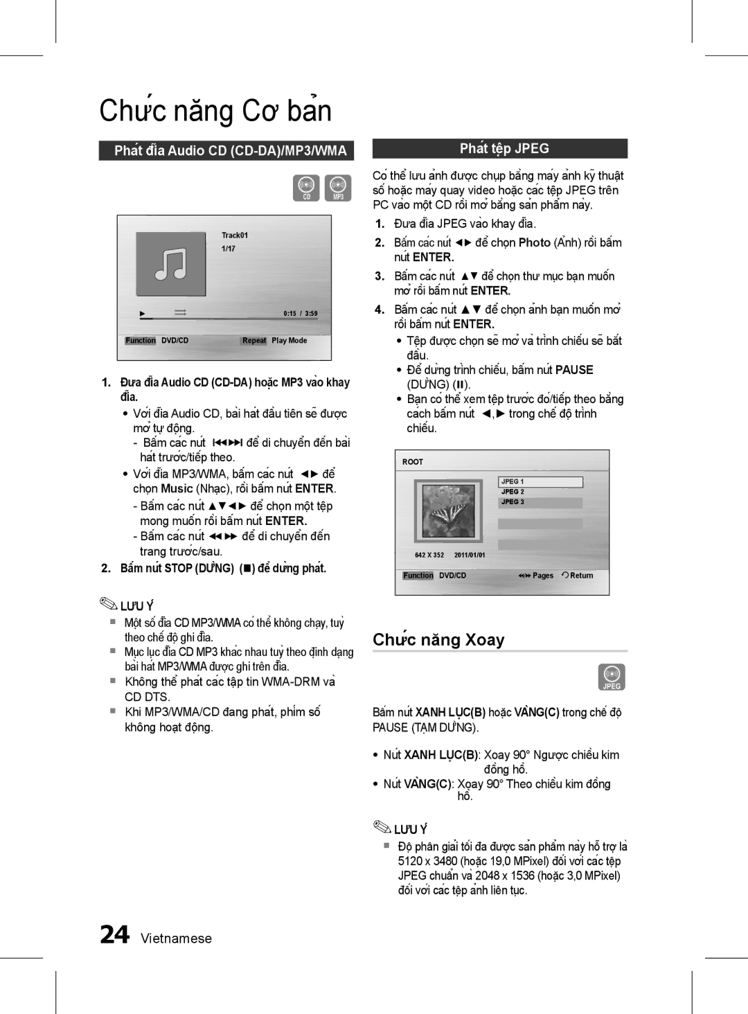 Samsung HT-D350K/XV manual Chức năng Xoay, Phát đĩa Audio CD CD-DA/MP3/WMA Phát tệp Jpeg, NútENTER, Đĩa, Cd Dts 