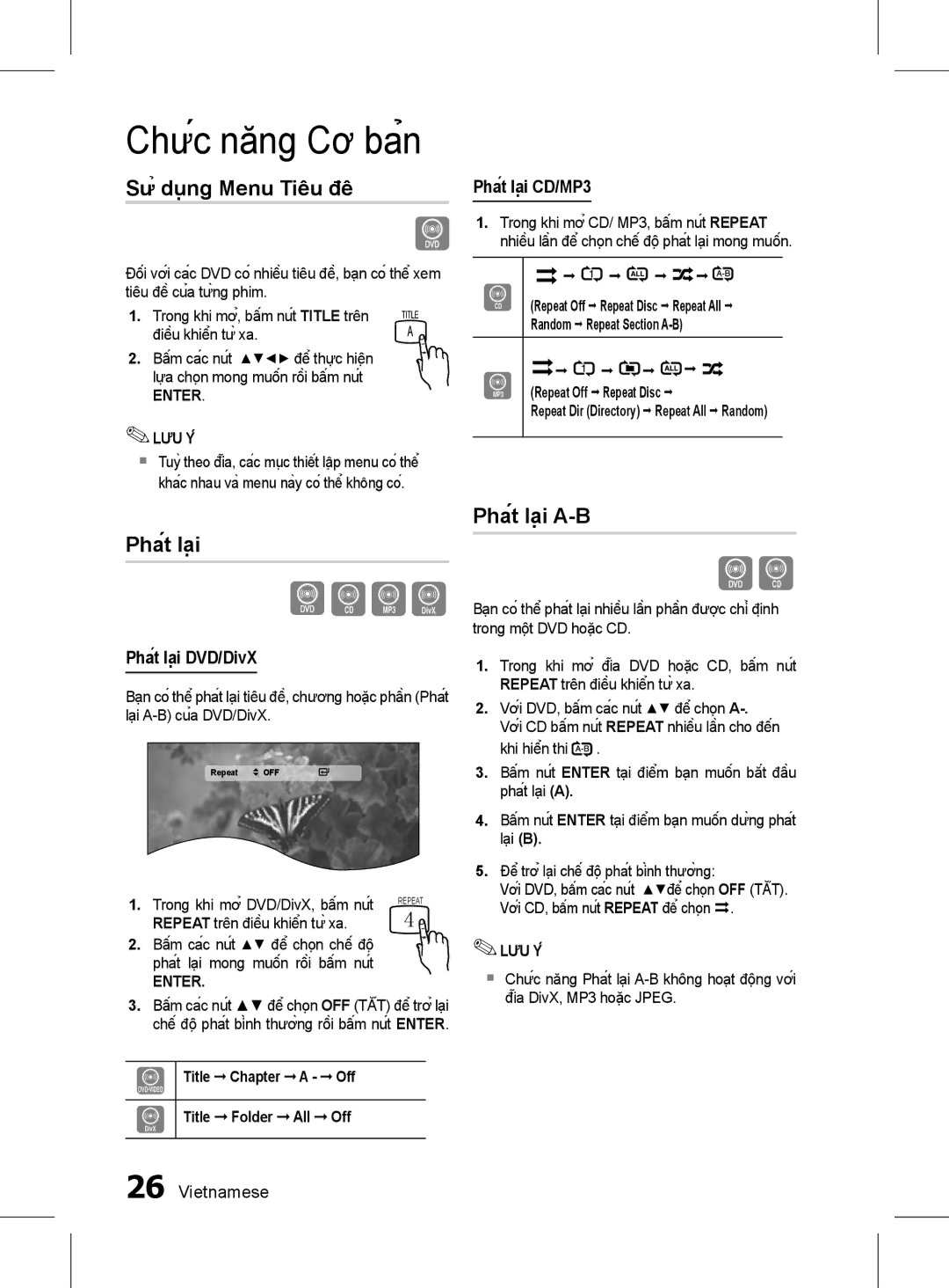 Samsung HT-D350K/XV manual Chức năng Cơ bản, Sử dụng Menu Tiêu đê, Phát lại A-B, Phát lại CD/MP3,  Vietnamese 