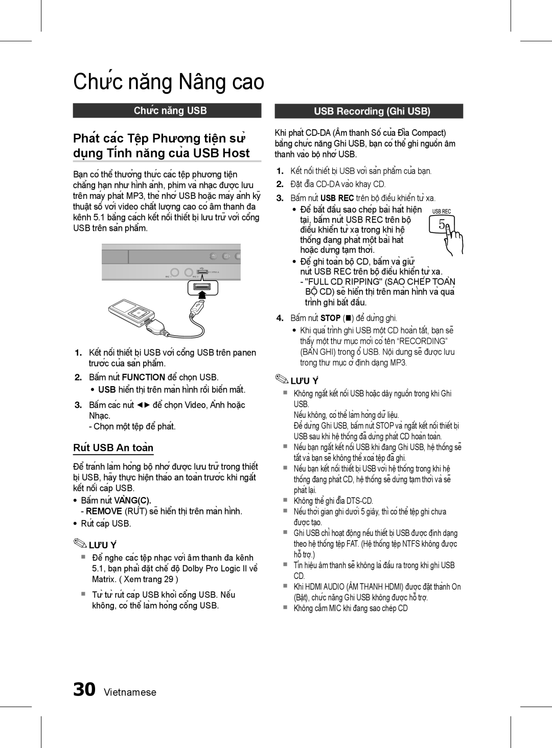 Samsung HT-D350K/XV manual Chức năng Nâng cao, Phát các Tệp Phương tiện sử, Chức năng USB, Rút USB An toàn 