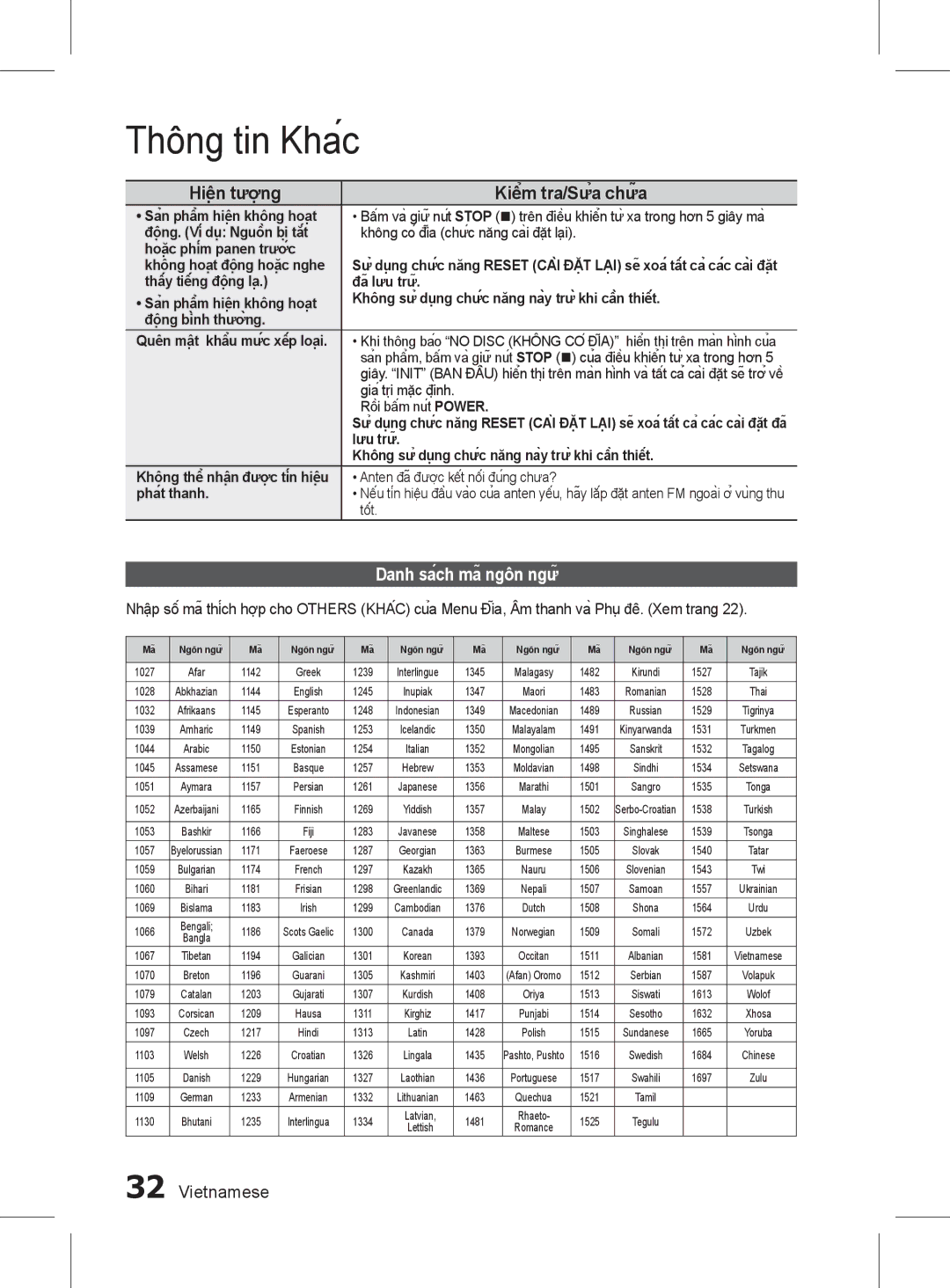 Samsung HT-D350K/XV manual Thông tin Khác, Danh sách mã ngôn ngữ 