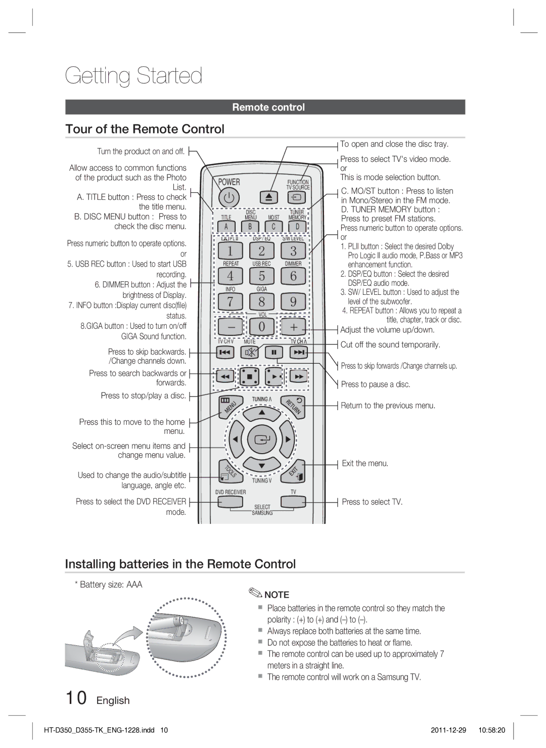 Samsung HT-D350/EN, HT-D350/XE manual Tour of the Remote Control, Installing batteries in the Remote Control, Remote control 