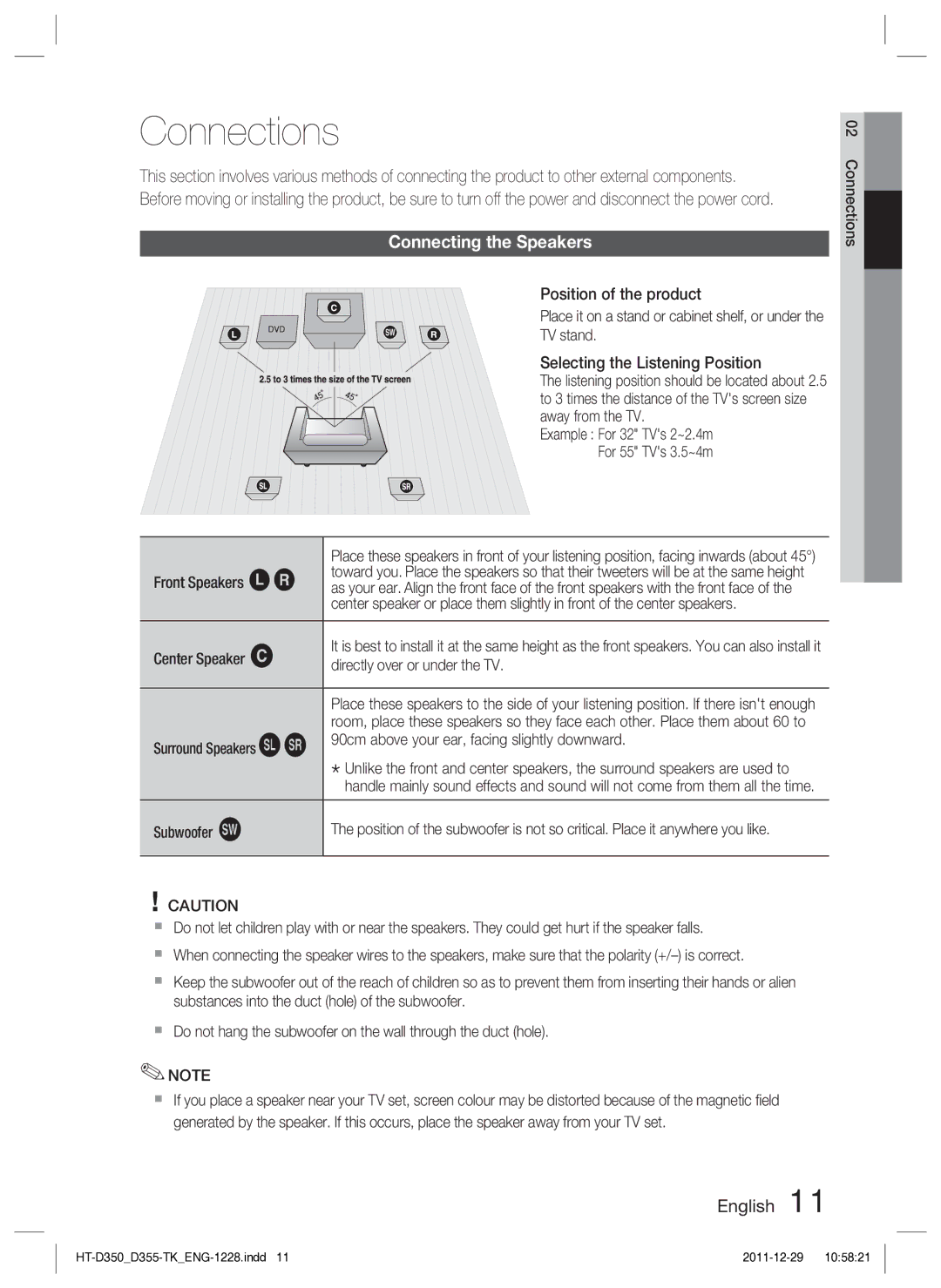 Samsung HT-D350/XE, HT-D350/EN manual Connections, Connecting the Speakers 