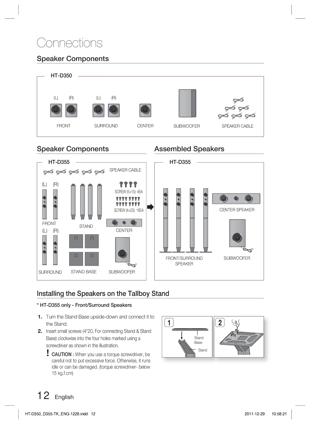 Samsung HT-D350/EN manual Speaker Components Assembled Speakers, Installing the Speakers on the Tallboy Stand, HT-D355 