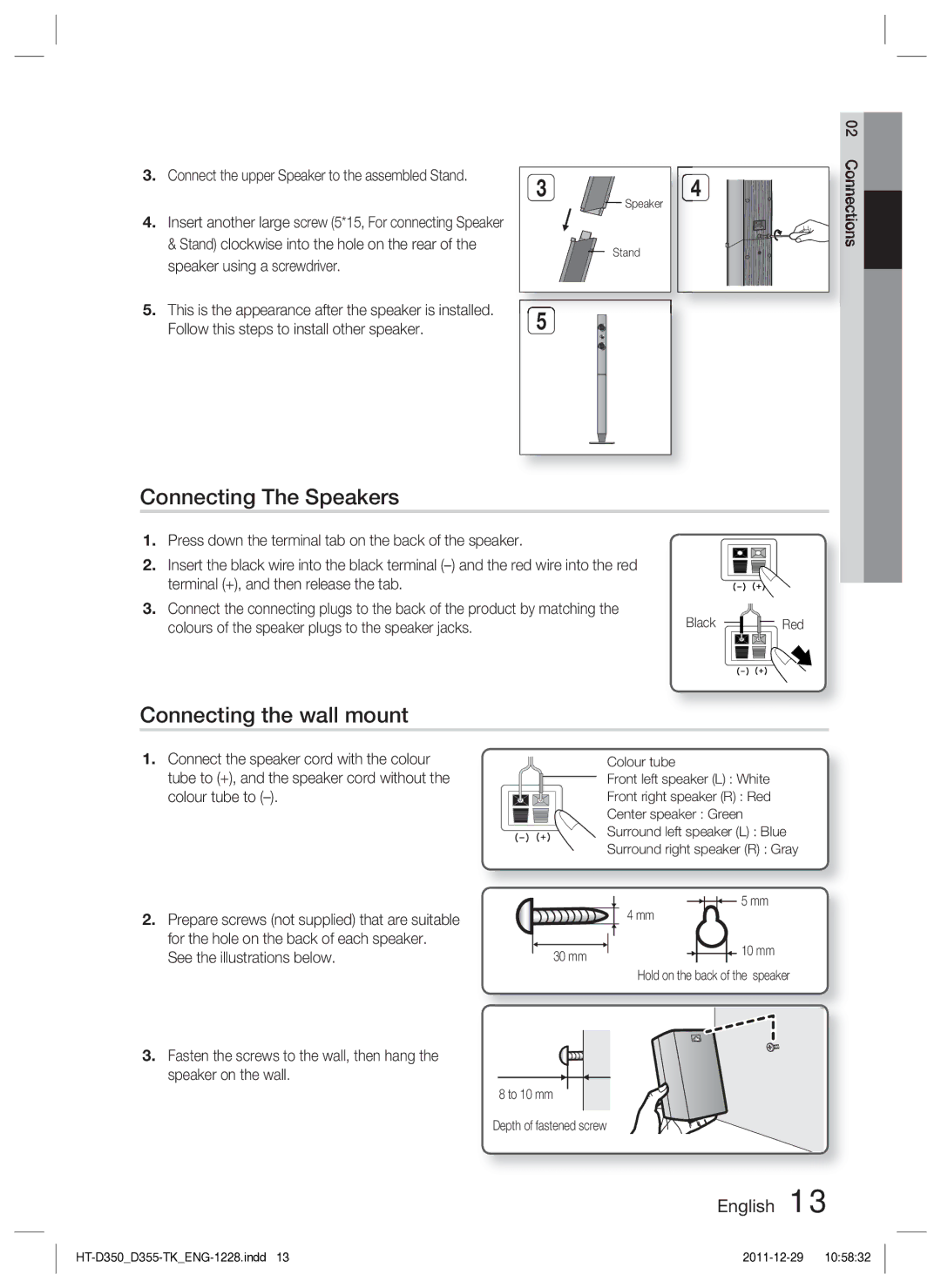 Samsung HT-D350/XE, HT-D350/EN Connecting The Speakers, Connecting the wall mount, Black, To 10 mm Depth of fastened screw 