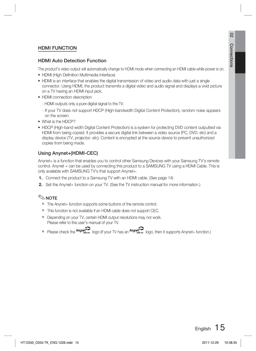 Samsung HT-D350/XE, HT-D350/EN manual Hdmi Auto Detection Function, Using Anynet+HDMI-CEC 