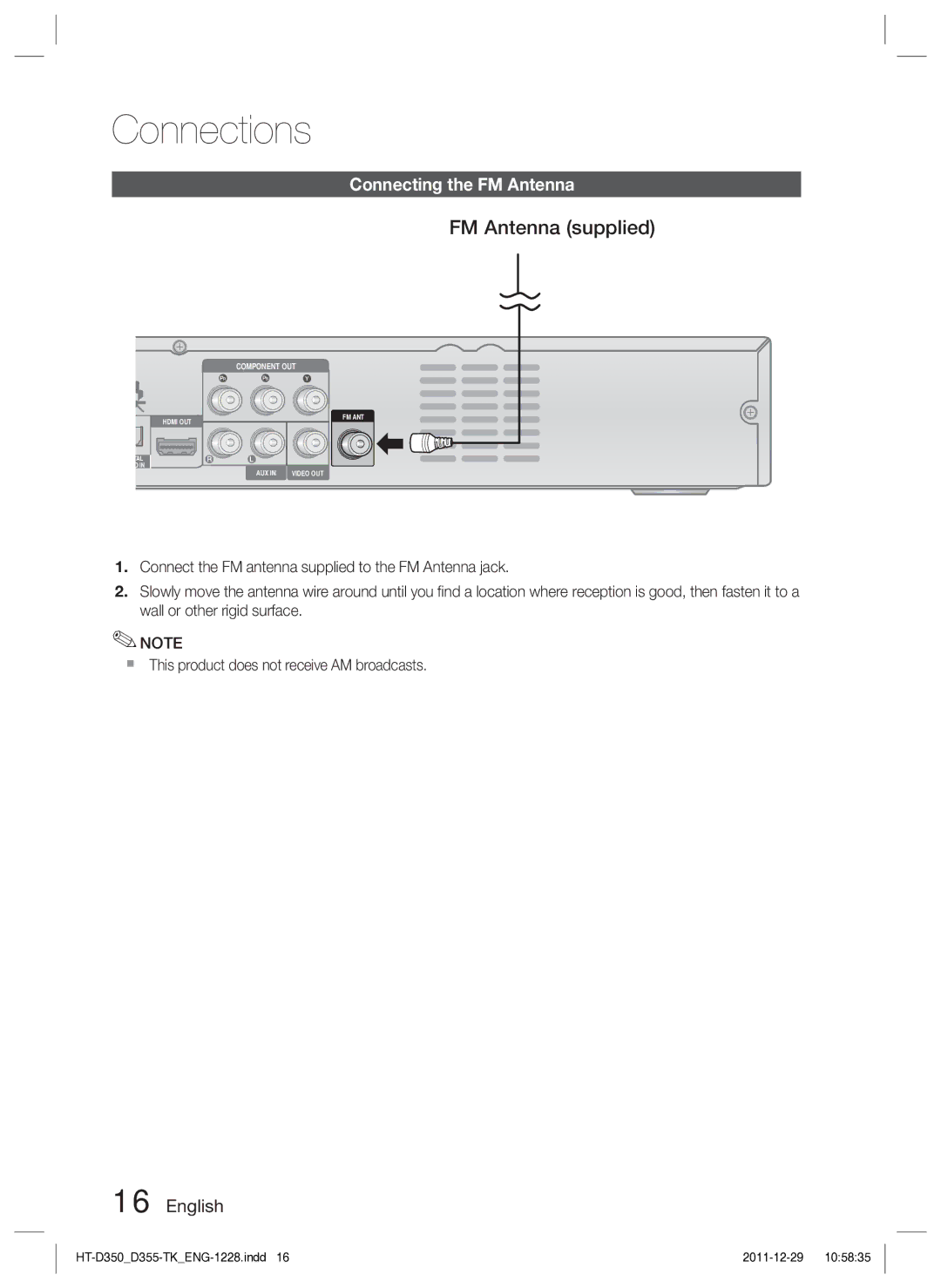 Samsung HT-D350/EN, HT-D350/XE manual FM Antenna supplied, Connecting the FM Antenna 