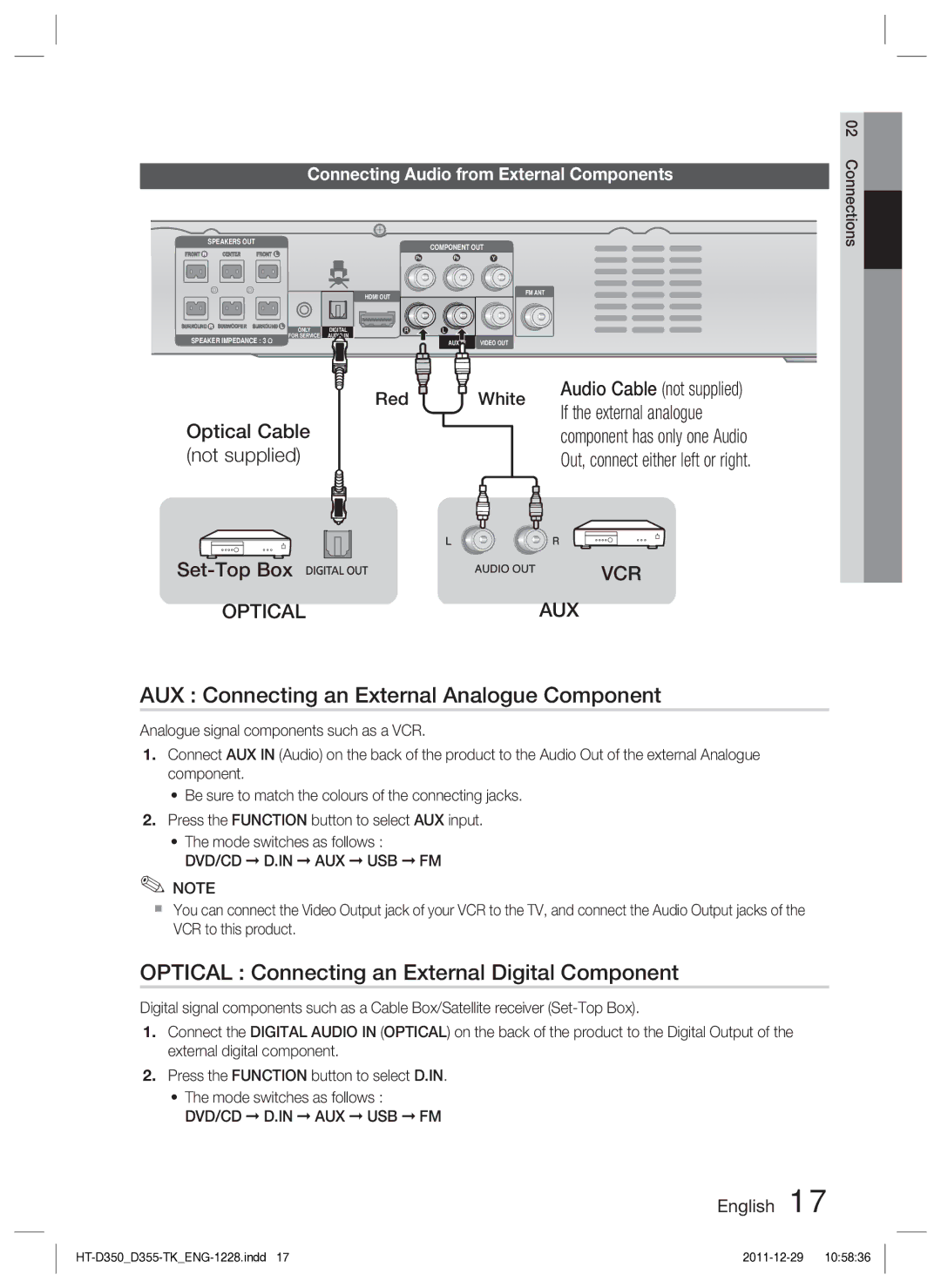 Samsung HT-D350/XE manual AUX Connecting an External Analogue Component, Optical Connecting an External Digital Component 