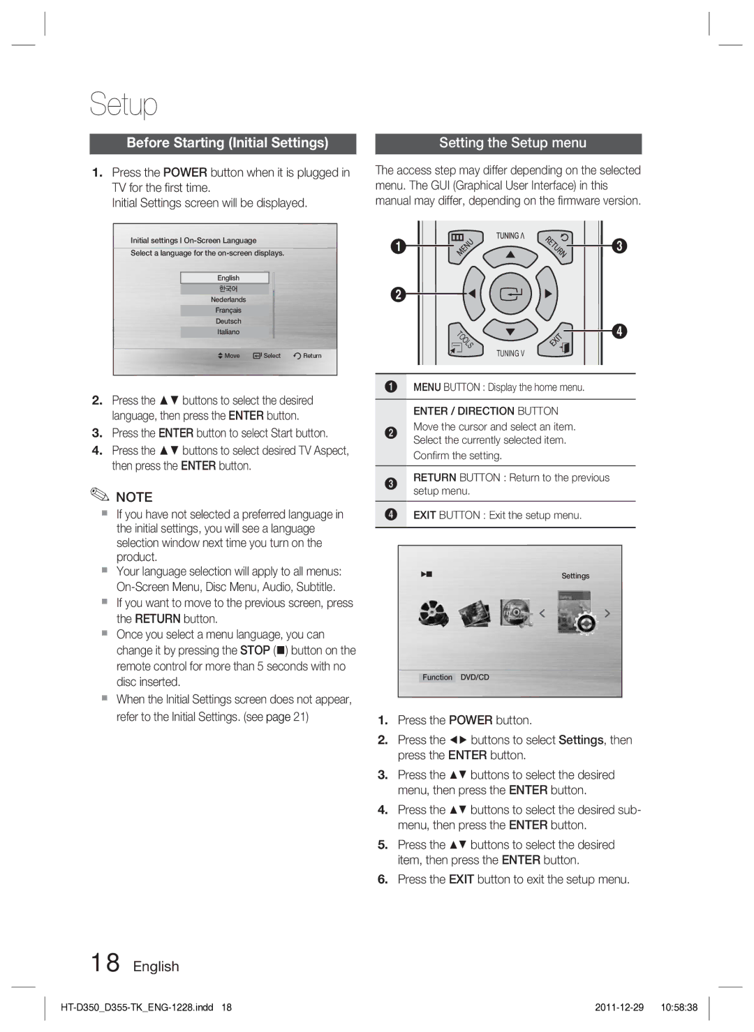 Samsung HT-D350/EN, HT-D350/XE manual Setup, Before Starting Initial Settings, Menu Button Display the home menu 