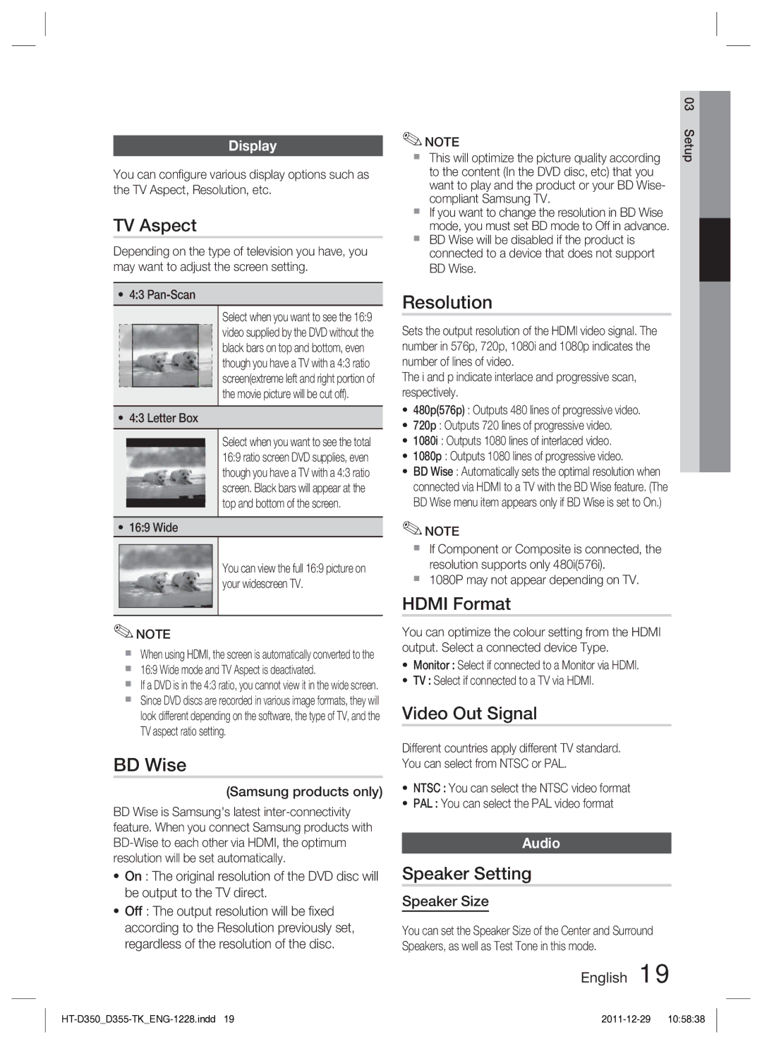 Samsung HT-D350/XE, HT-D350/EN manual TV Aspect, BD Wise, Resolution, Hdmi Format, Video Out Signal, Speaker Setting 