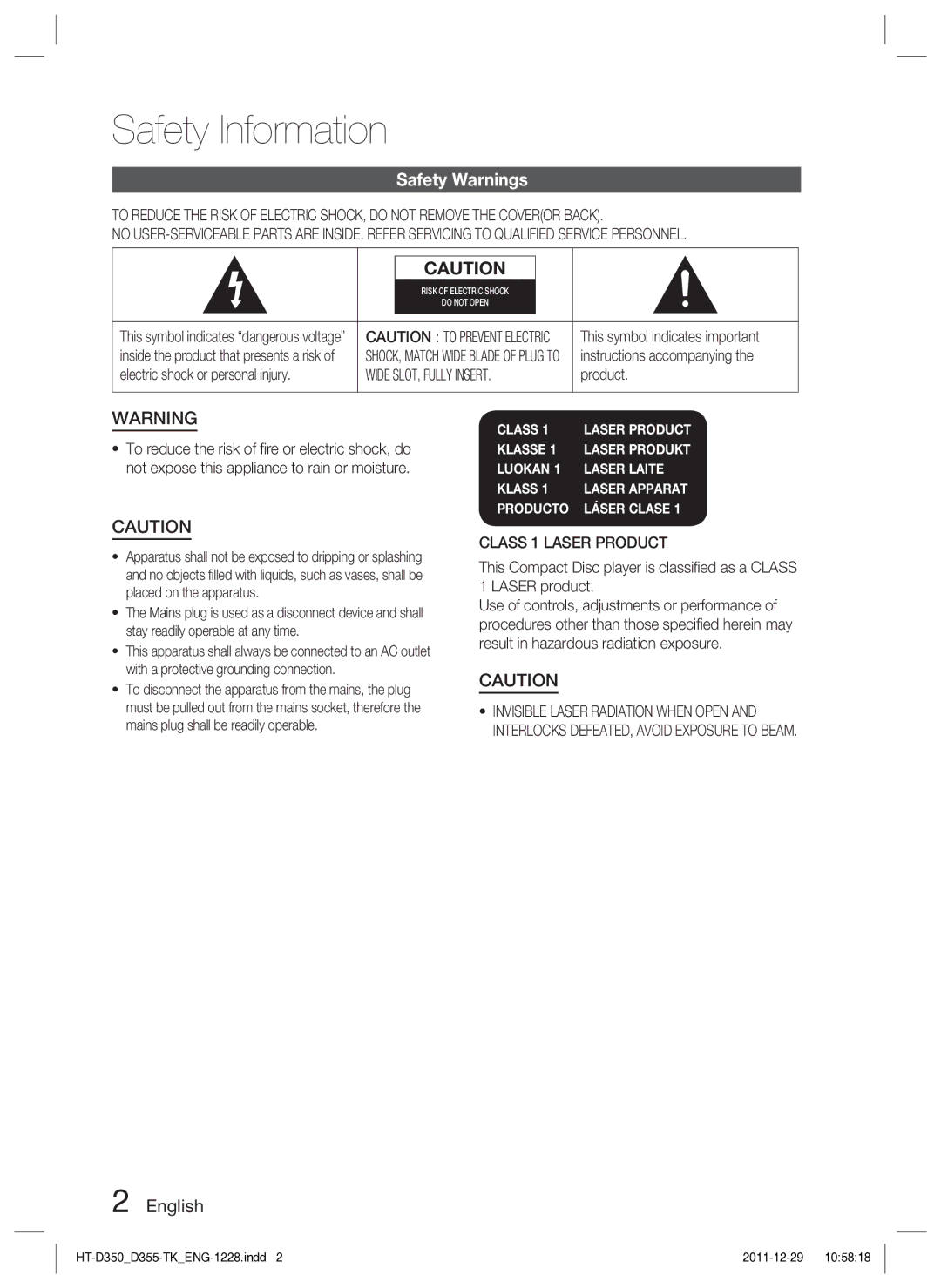 Samsung HT-D350/EN, HT-D350/XE manual Safety Information, Safety Warnings, English 