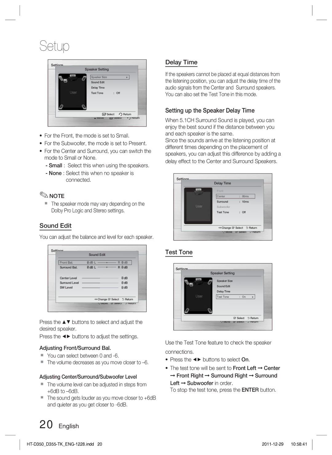 Samsung HT-D350/EN, HT-D350/XE manual Sound Edit, English Delay Time, Setting up the Speaker Delay Time, Test Tone 