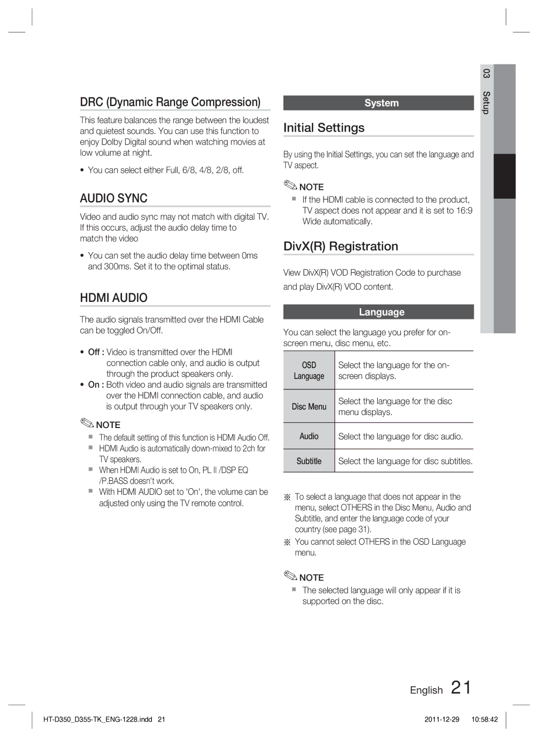 Samsung HT-D350/XE, HT-D350/EN manual Initial Settings, DivXR Registration, System, Language 