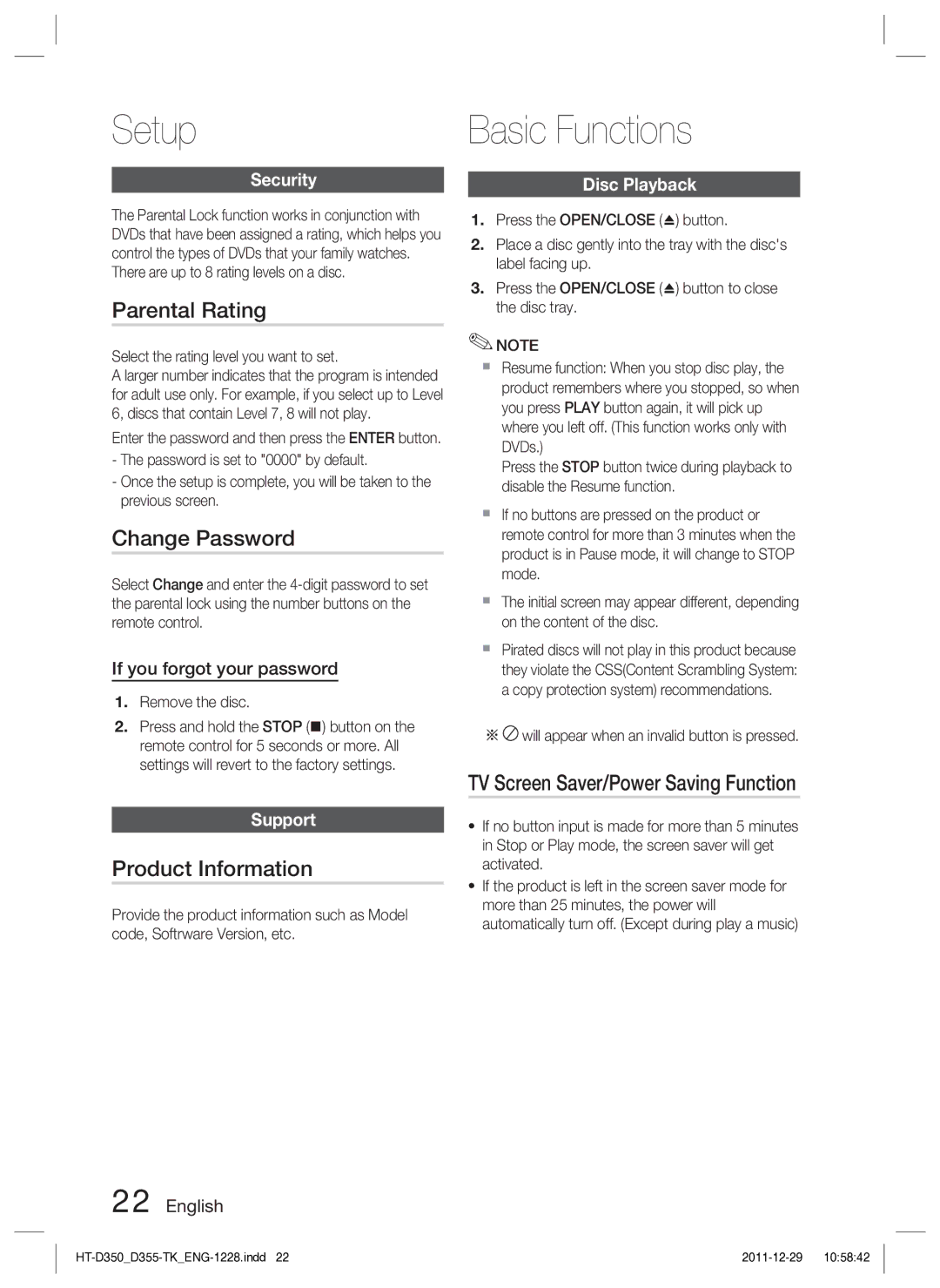 Samsung HT-D350/EN, HT-D350/XE manual Basic Functions, Parental Rating, Change Password, Product Information 