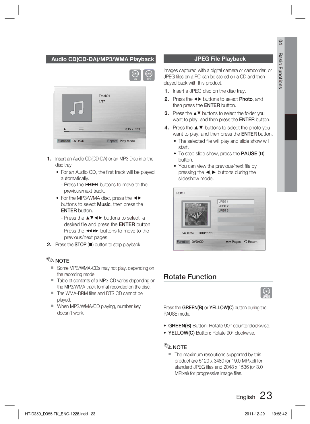 Samsung HT-D350/XE, HT-D350/EN manual Rotate Function, Audio CDCD-DA/MP3/WMA Playback, Jpeg File Playback, Start 