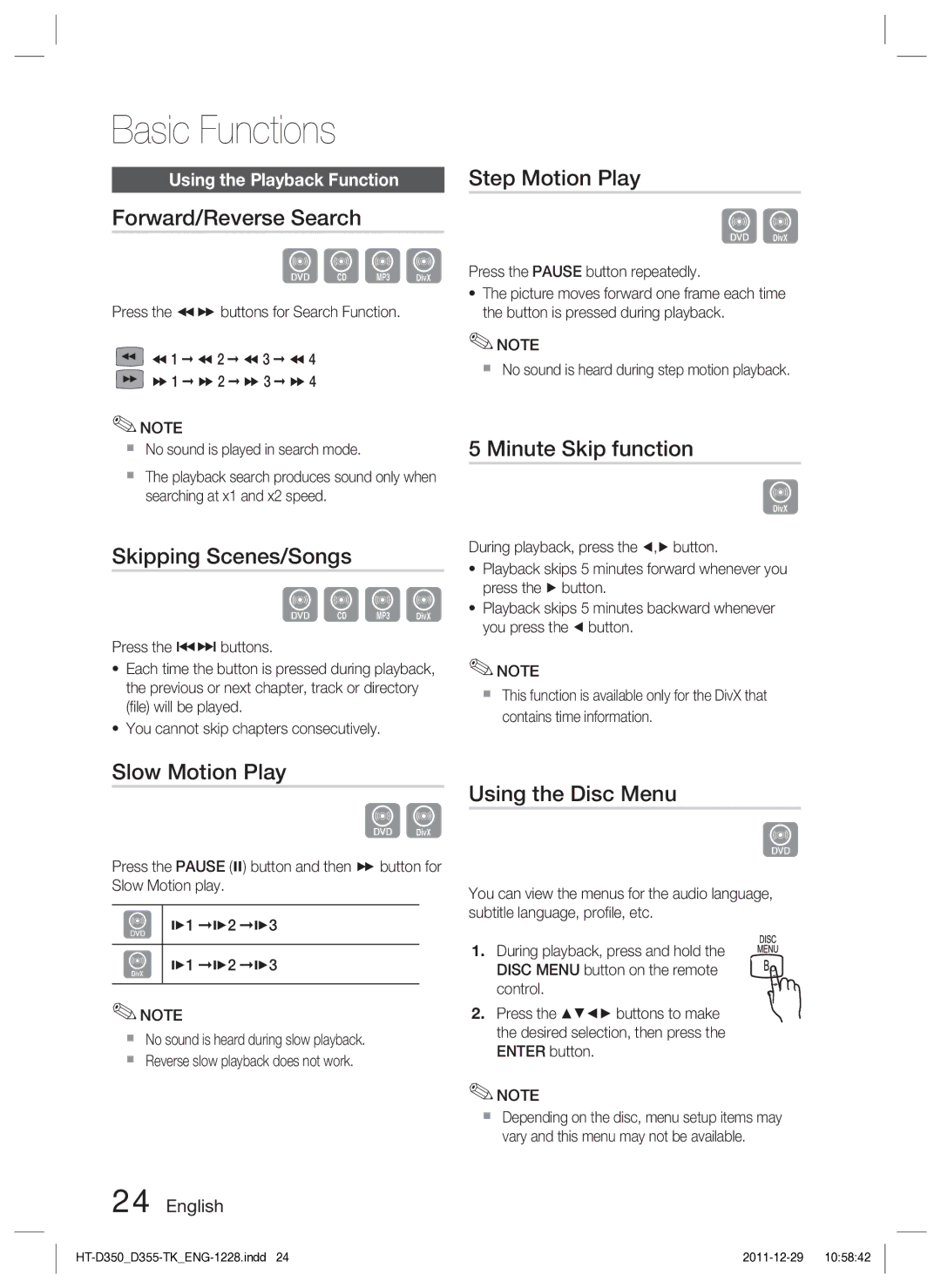 Samsung HT-D350/EN Forward/Reverse Search, Skipping Scenes/Songs, Step Motion Play, Minute Skip function, Slow Motion Play 