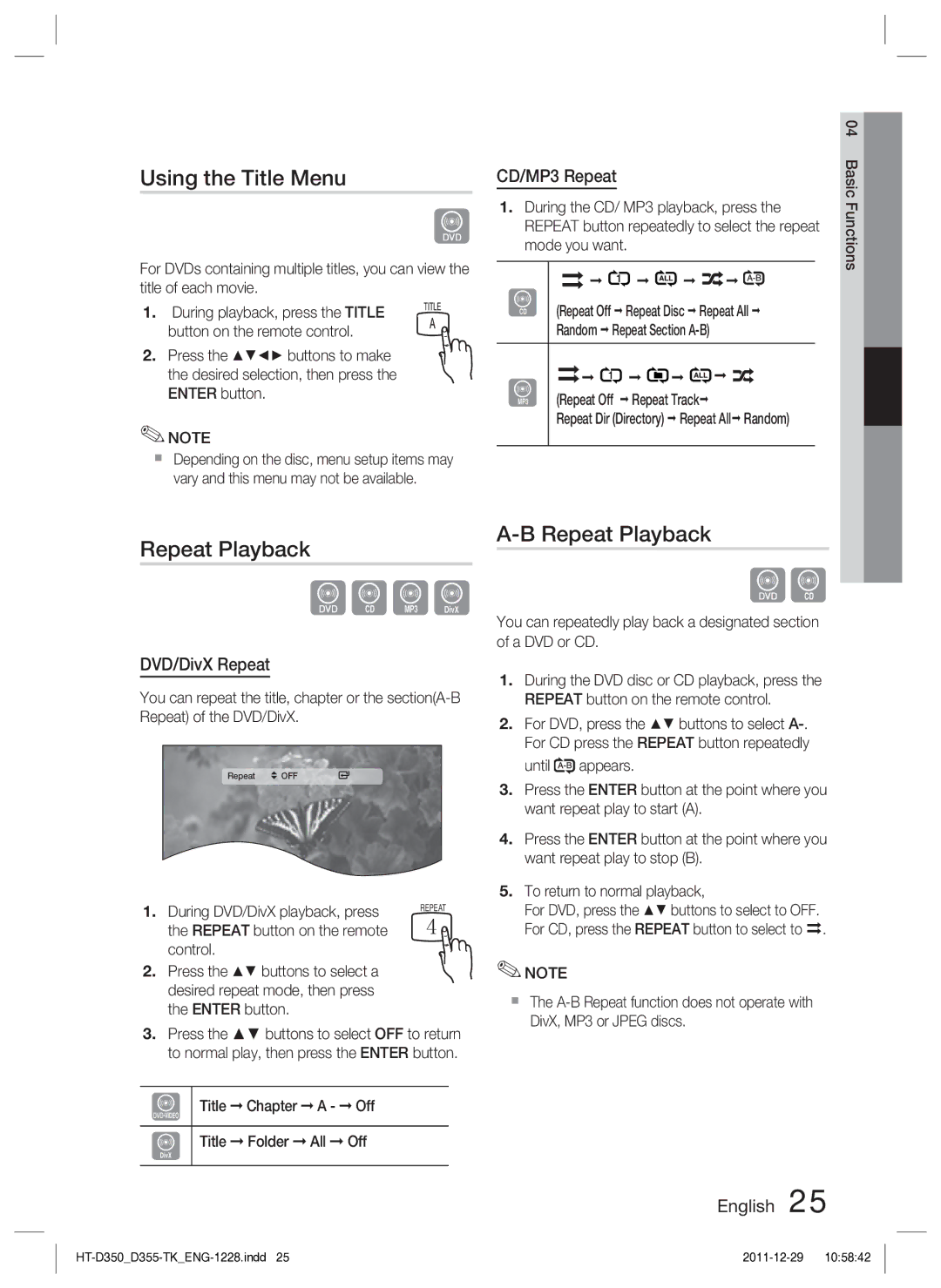 Samsung HT-D350/XE, HT-D350/EN manual Using the Title Menu, Repeat Playback, CD/MP3 Repeat, DVD/DivX Repeat 