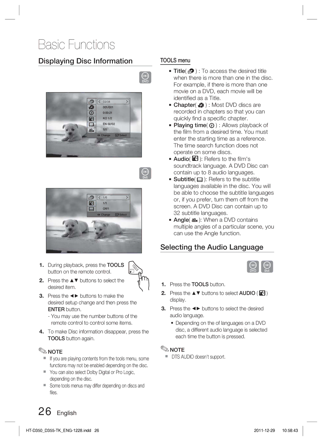 Samsung HT-D350/EN manual Displaying Disc Information, Selecting the Audio Language, Tools menu,  DTS Audio doesnt support 