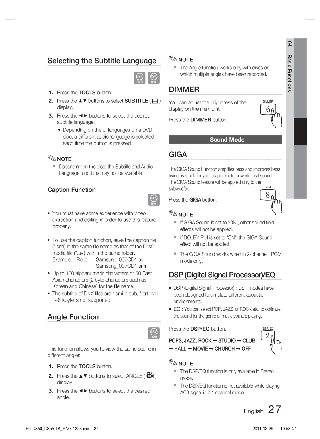 Samsung HT-D350/XE Selecting the Subtitle Language, Angle Function, DSP Digital Signal Processor/EQ, Caption Function 